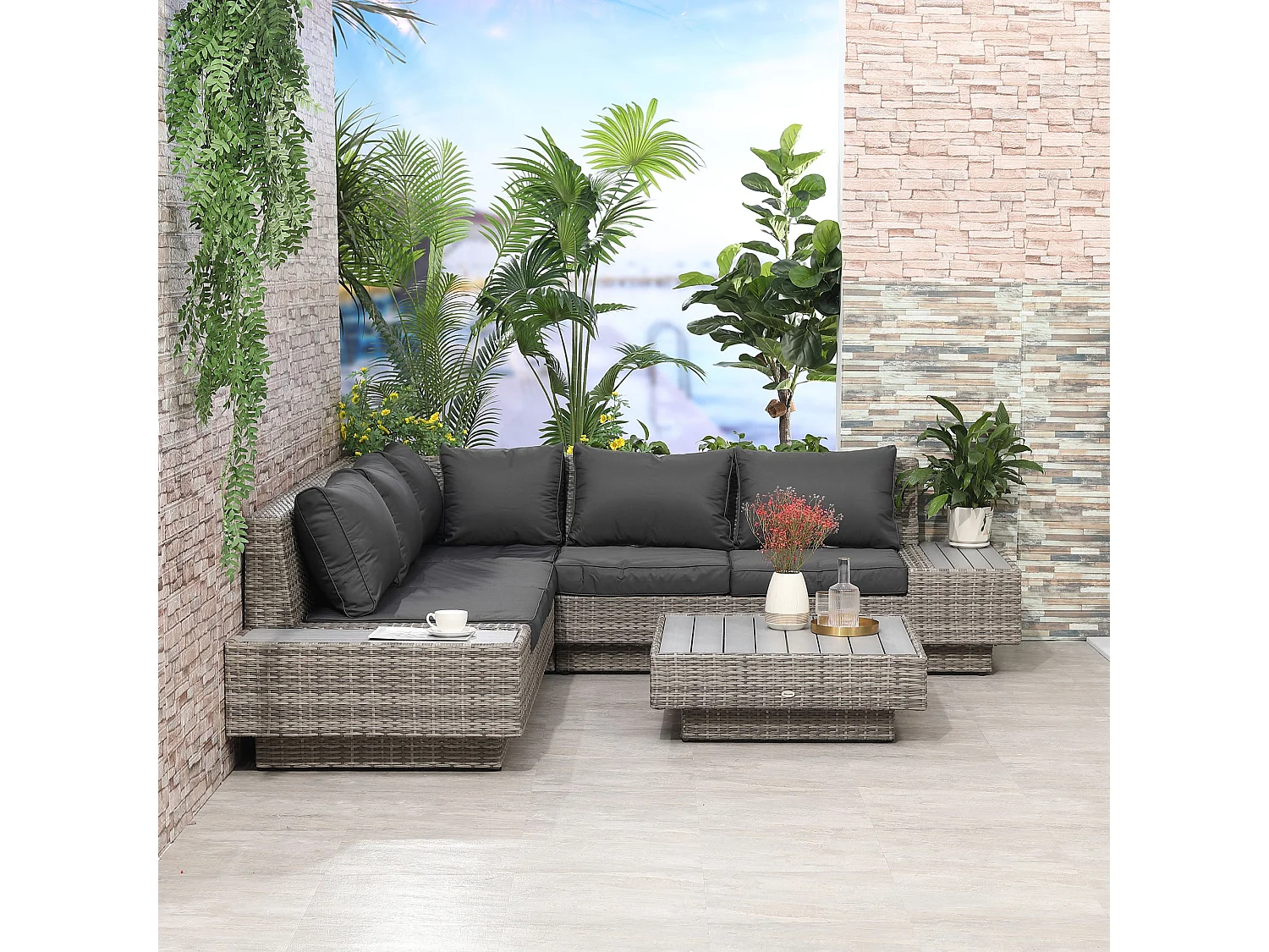 Vaneno Rattan Light Grey 5 Seater Modular Outdoor Corner Sofa Set with Coffee Table and Cushions