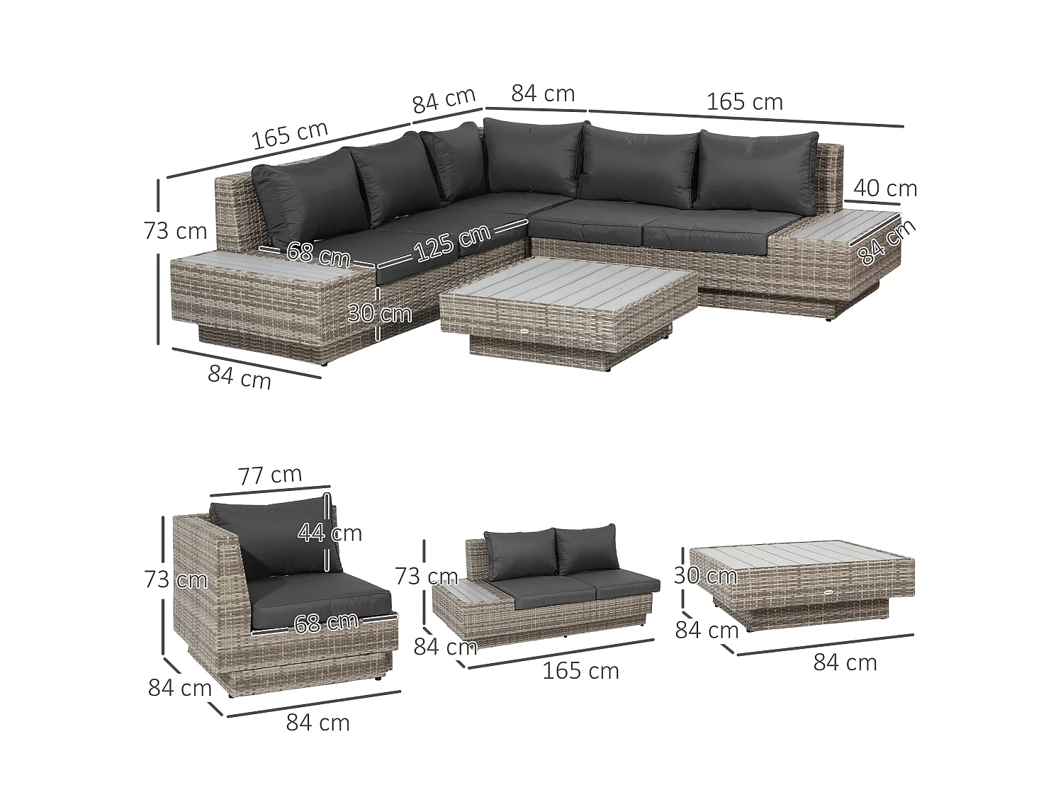 Vaneno Rattan Light Grey 5 Seater Modular Outdoor Corner Sofa Set with Coffee Table and Cushions