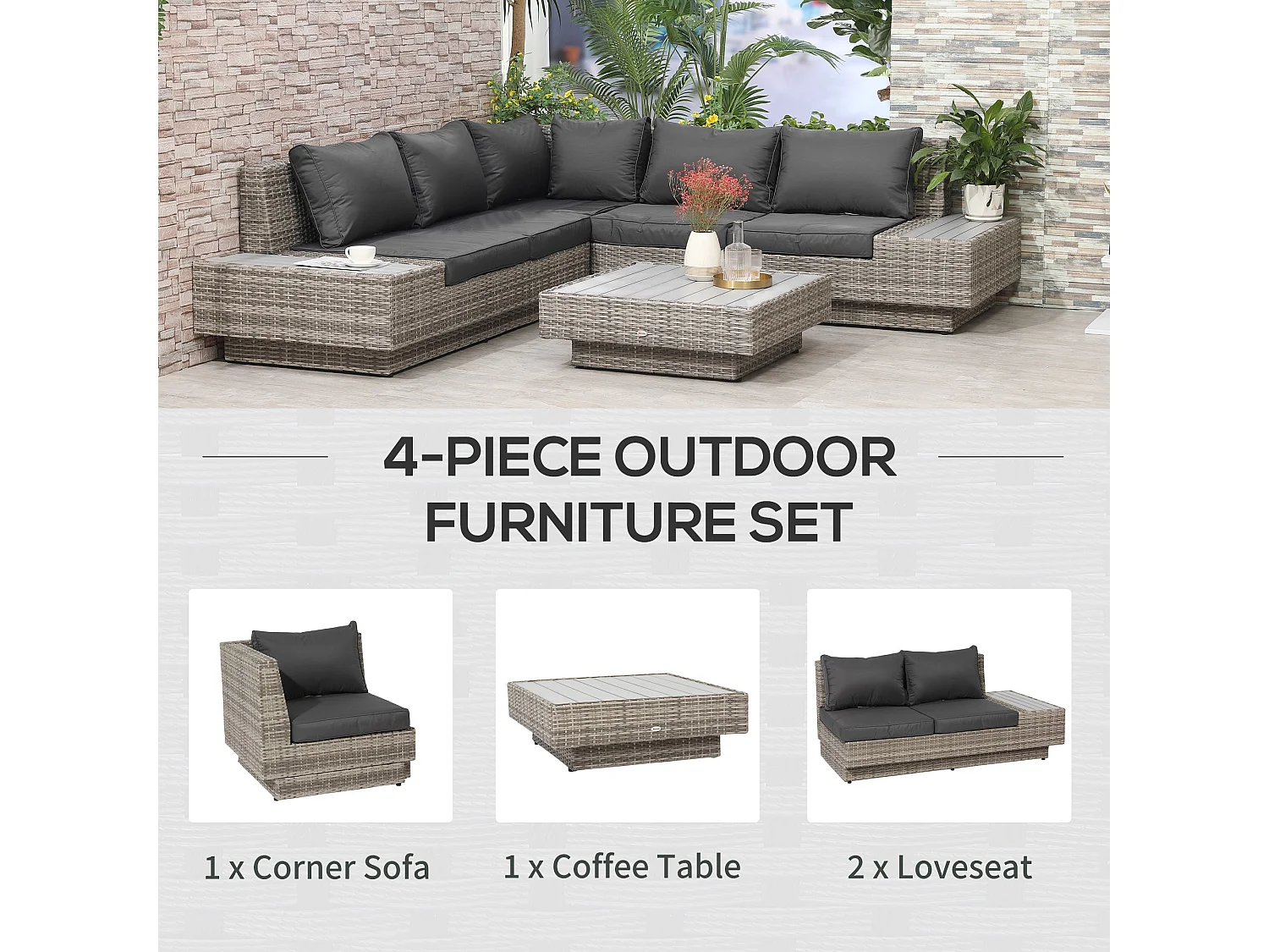 Vaneno Rattan Light Grey 5 Seater Modular Outdoor Corner Sofa Set with Coffee Table and Cushions