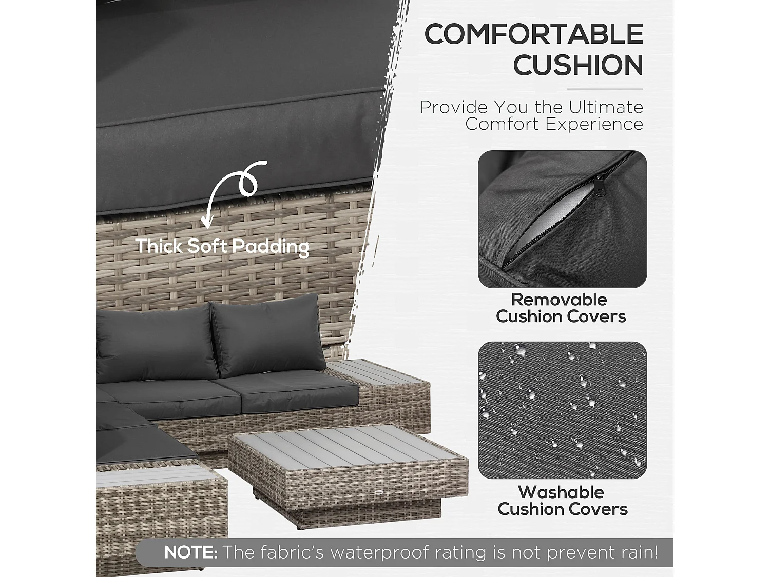 Vaneno Rattan Light Grey 5 Seater Modular Outdoor Corner Sofa Set with Coffee Table and Cushions