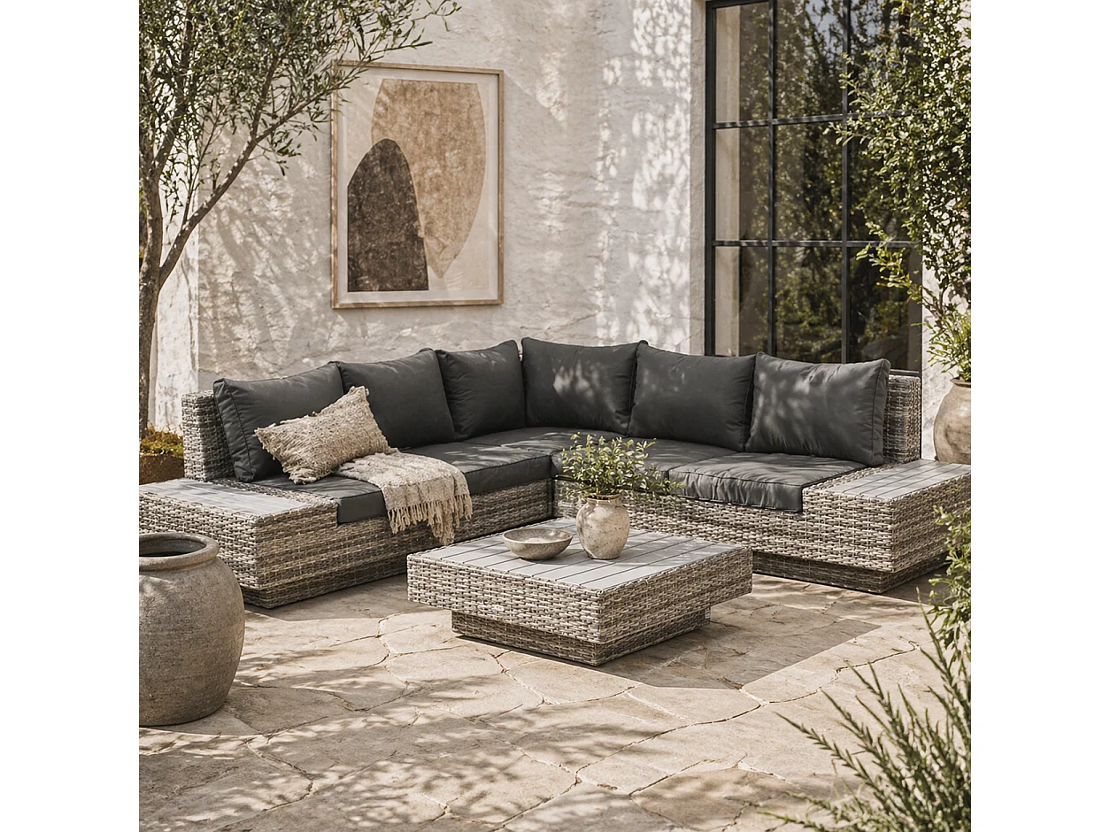 Vaneno Rattan Light Grey 5 Seater Modular Outdoor Corner Sofa Set with Coffee Table and Cushions