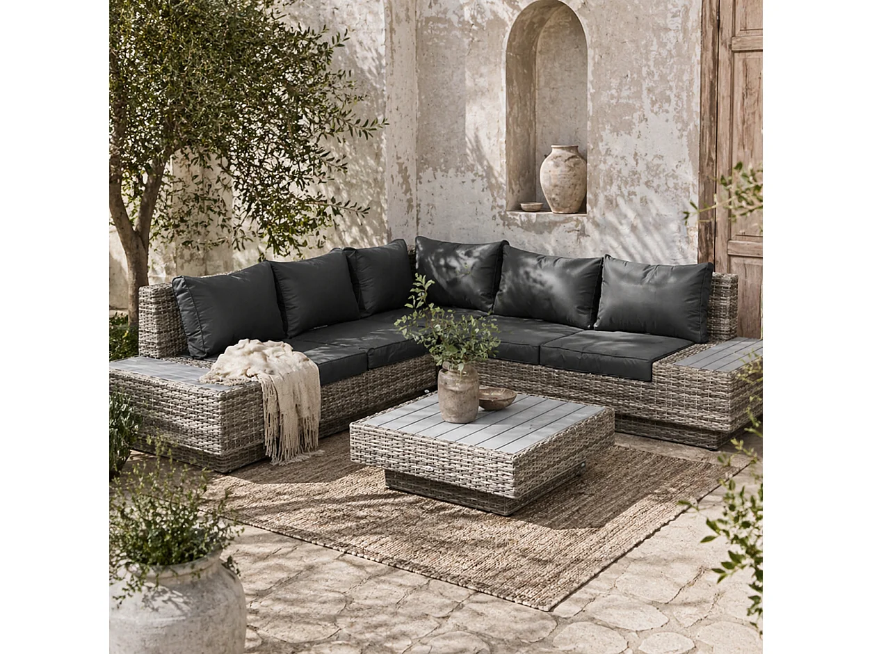 Vaneno Rattan Light Grey 5 Seater Modular Outdoor Corner Sofa Set with Coffee Table and Cushions