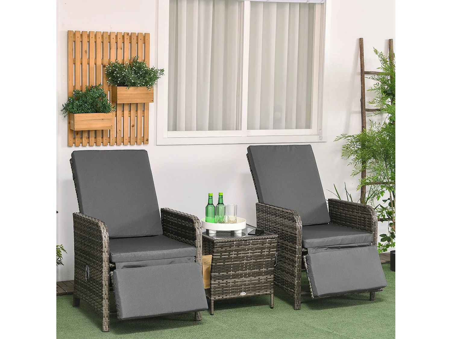 Mazizi Dark Grey Rattan 3 Piece Outdoor Bistro Set with Cushions and Storage Table