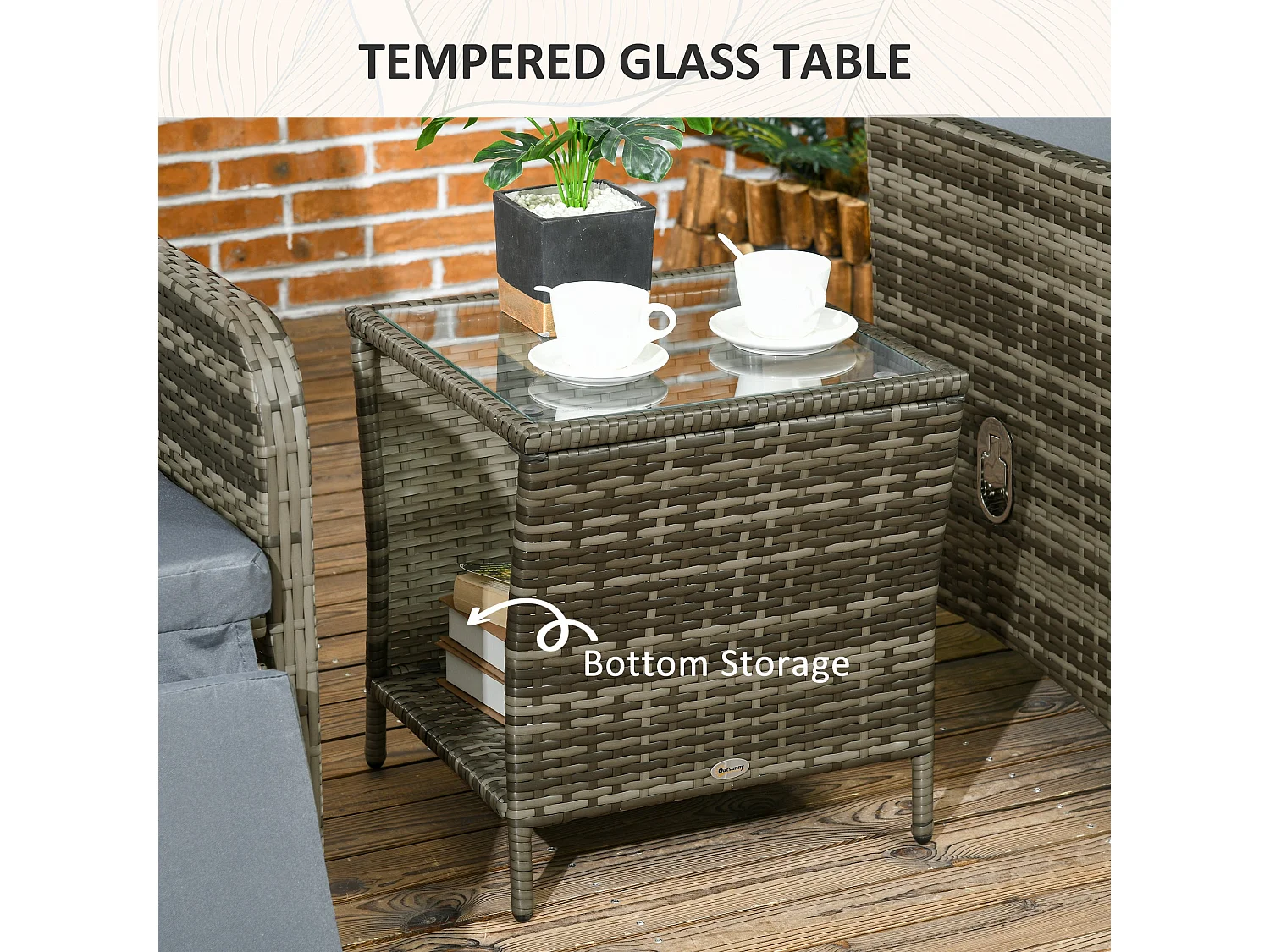 Mazizi Dark Grey Rattan 3 Piece Outdoor Bistro Set with Cushions and Storage Table