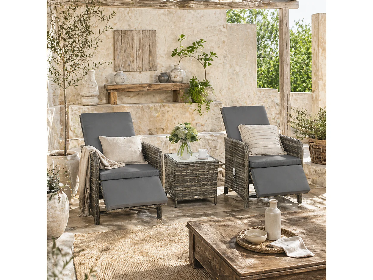 Mazizi Dark Grey Rattan 3 Piece Outdoor Bistro Set with Cushions and Storage Table