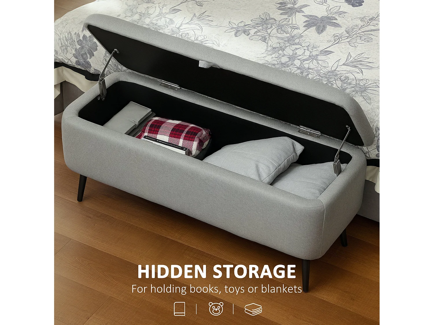 Harika Linen Look Light Grey Storage Ottoman 102cm