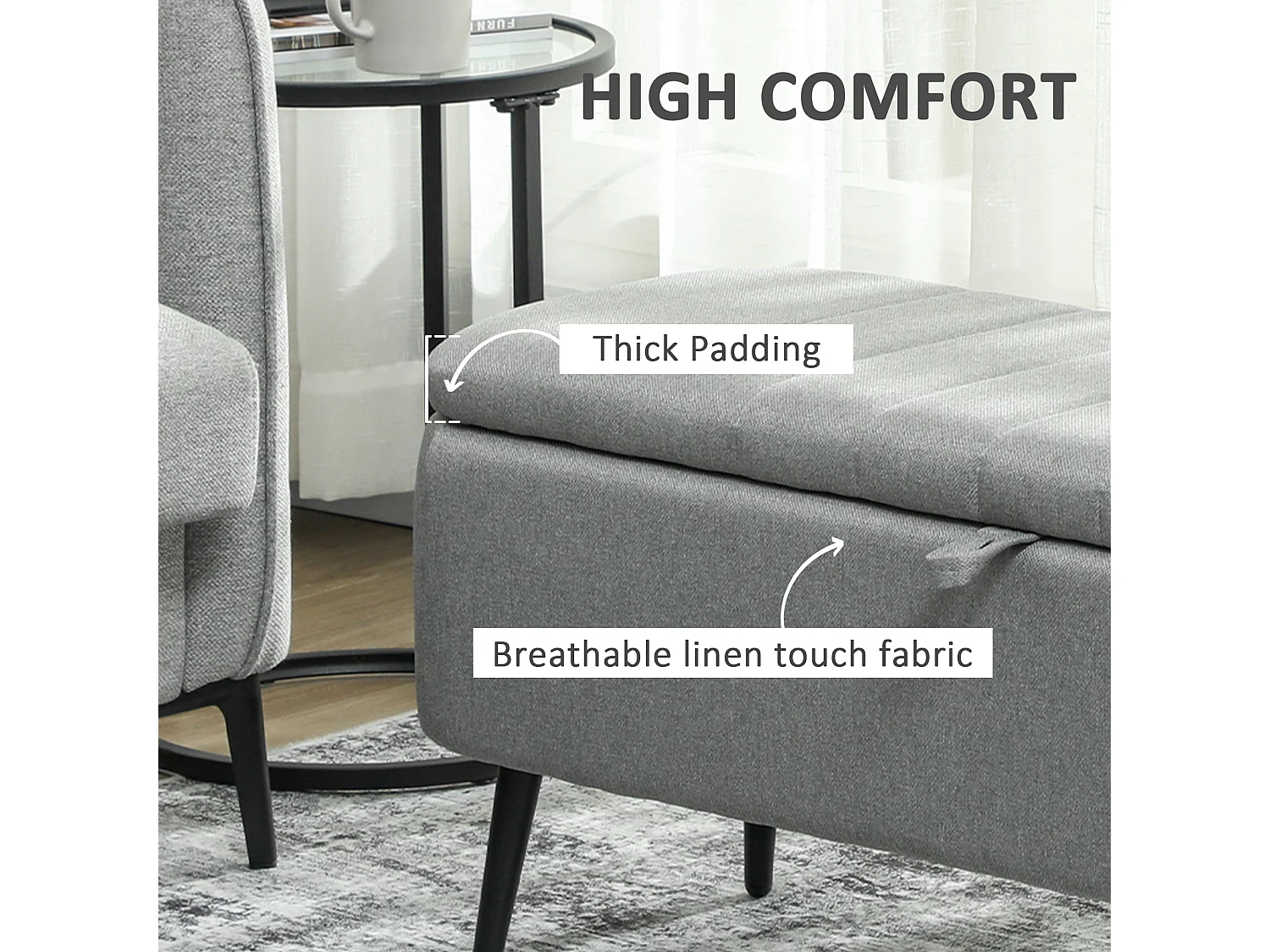 Harika Linen Look Light Grey Storage Ottoman 102cm