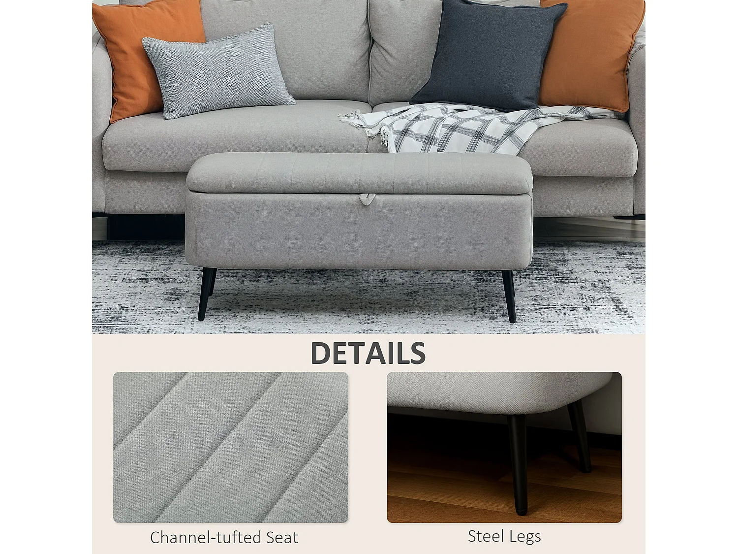 Harika Linen Look Light Grey Storage Ottoman 102cm