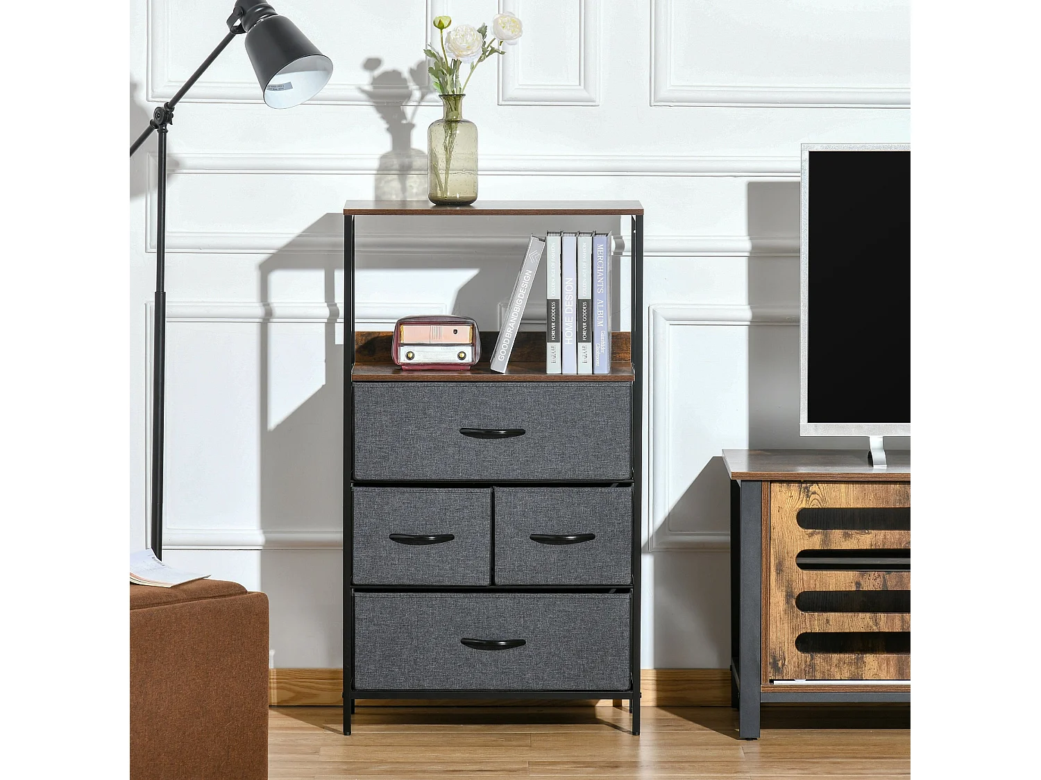 Lolula Black 4 Drawer Storage Chest with Open Shelves
