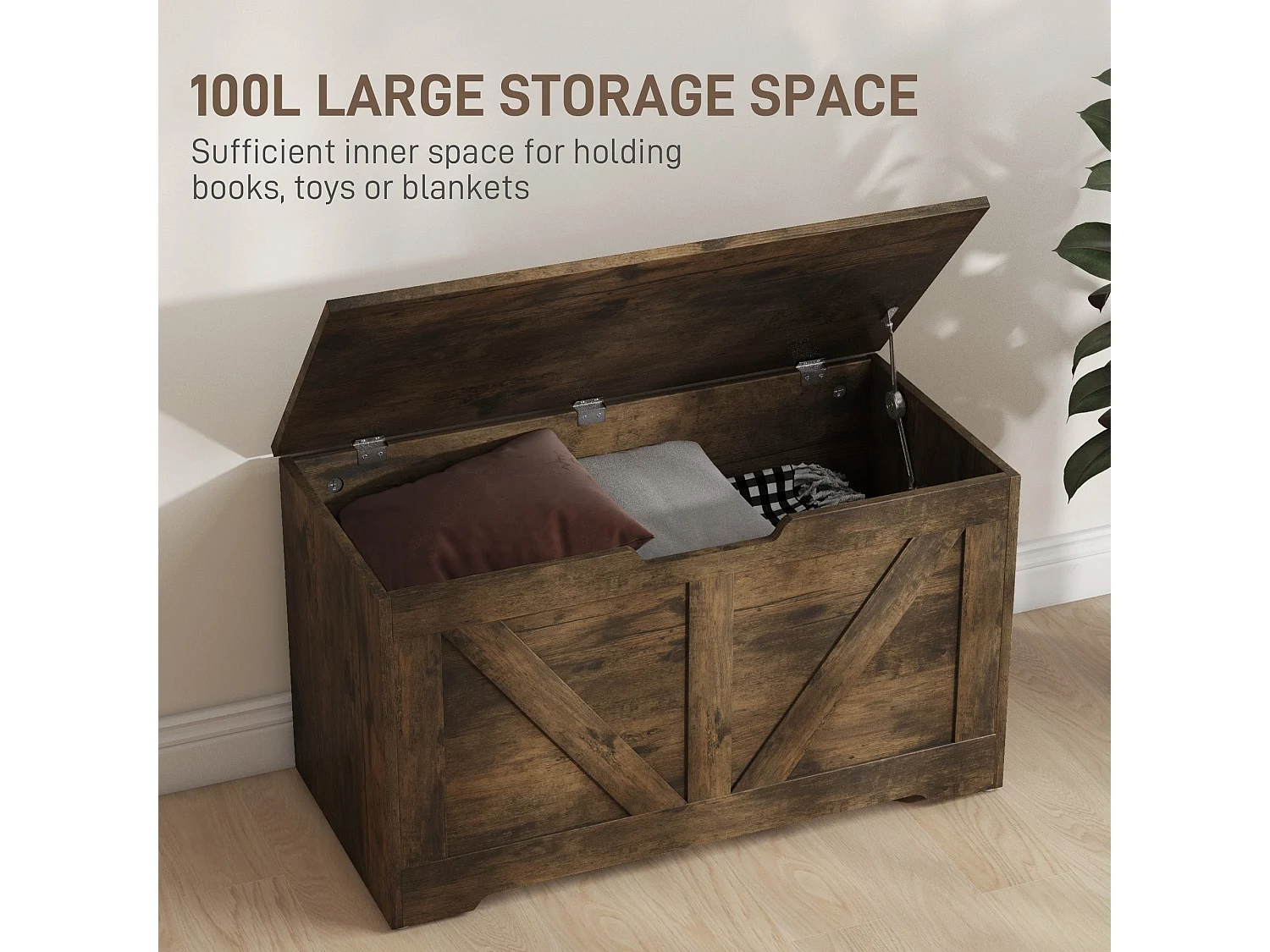 Ledilu Rustic Brown Wood Effect Storage Chest with Safety Hinge 100 Litre
