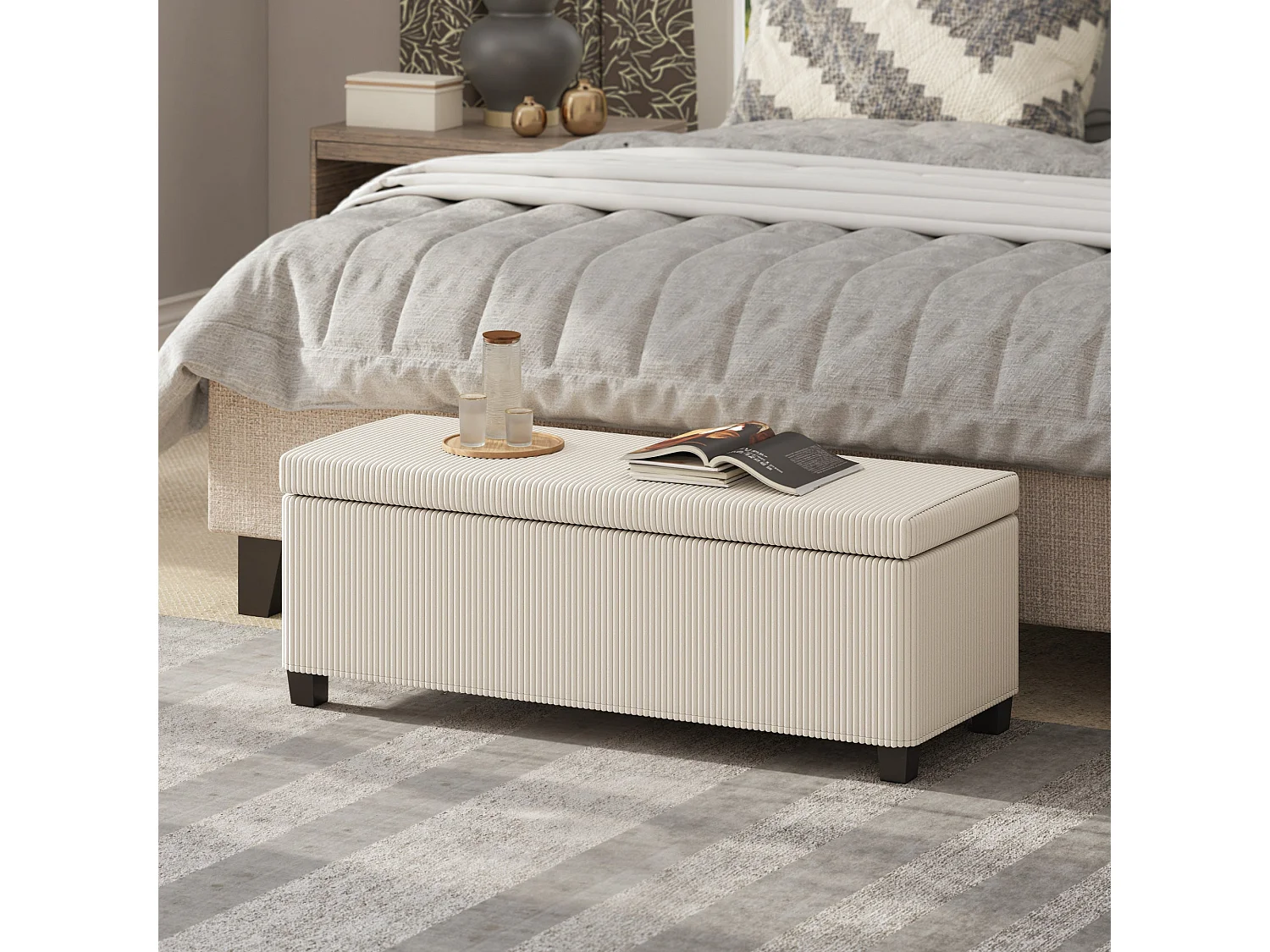 Toha Beige Corduroy Storage Ottoman Bench Removable Lid Steel Frame