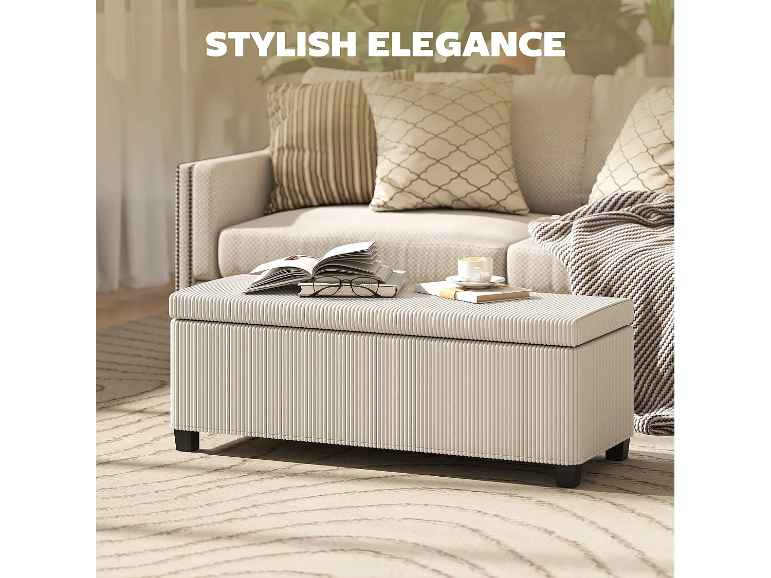 Toha Beige Corduroy Storage Ottoman Bench Removable Lid Steel Frame