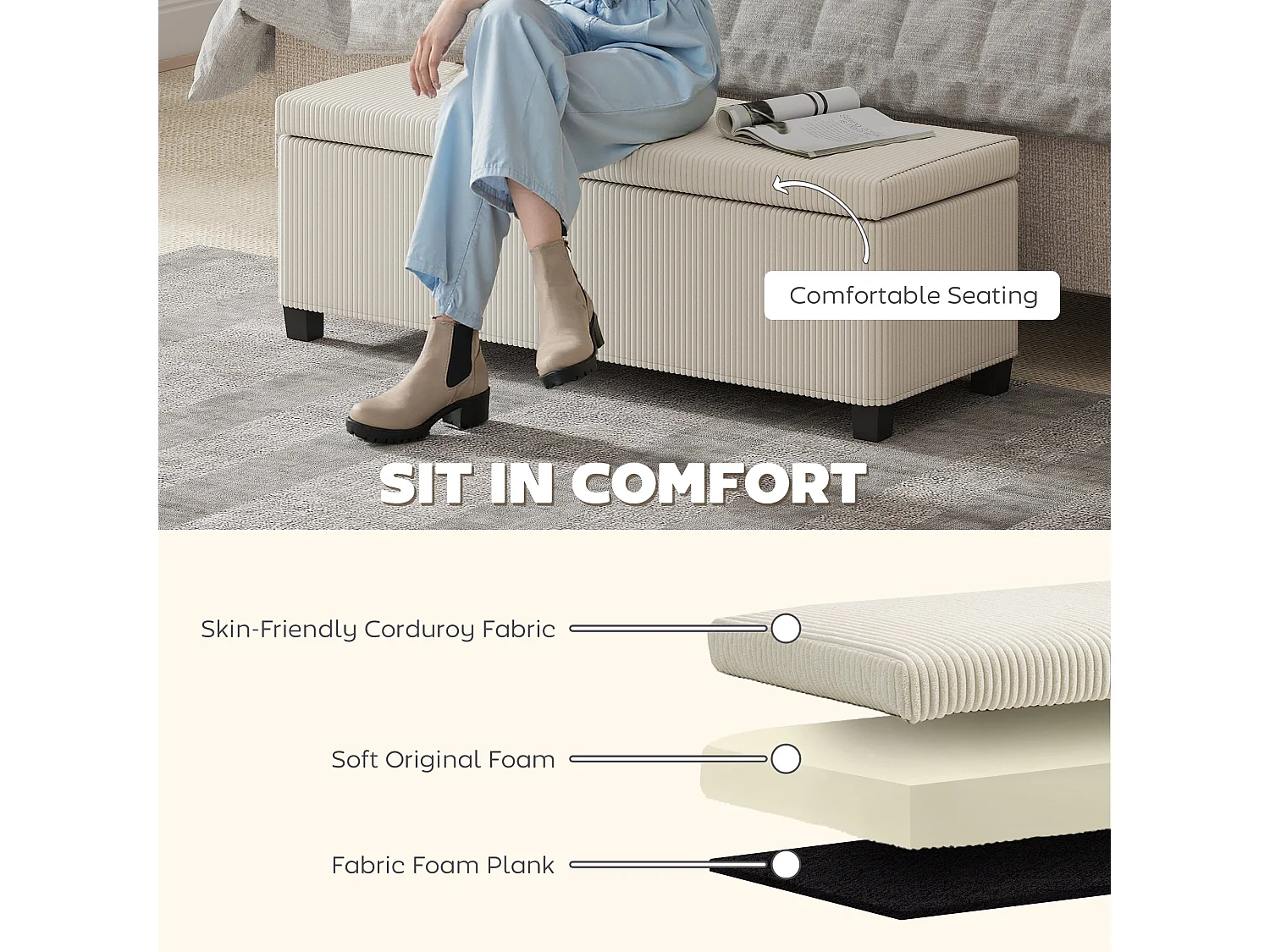 Toha Beige Corduroy Storage Ottoman Bench Removable Lid Steel Frame