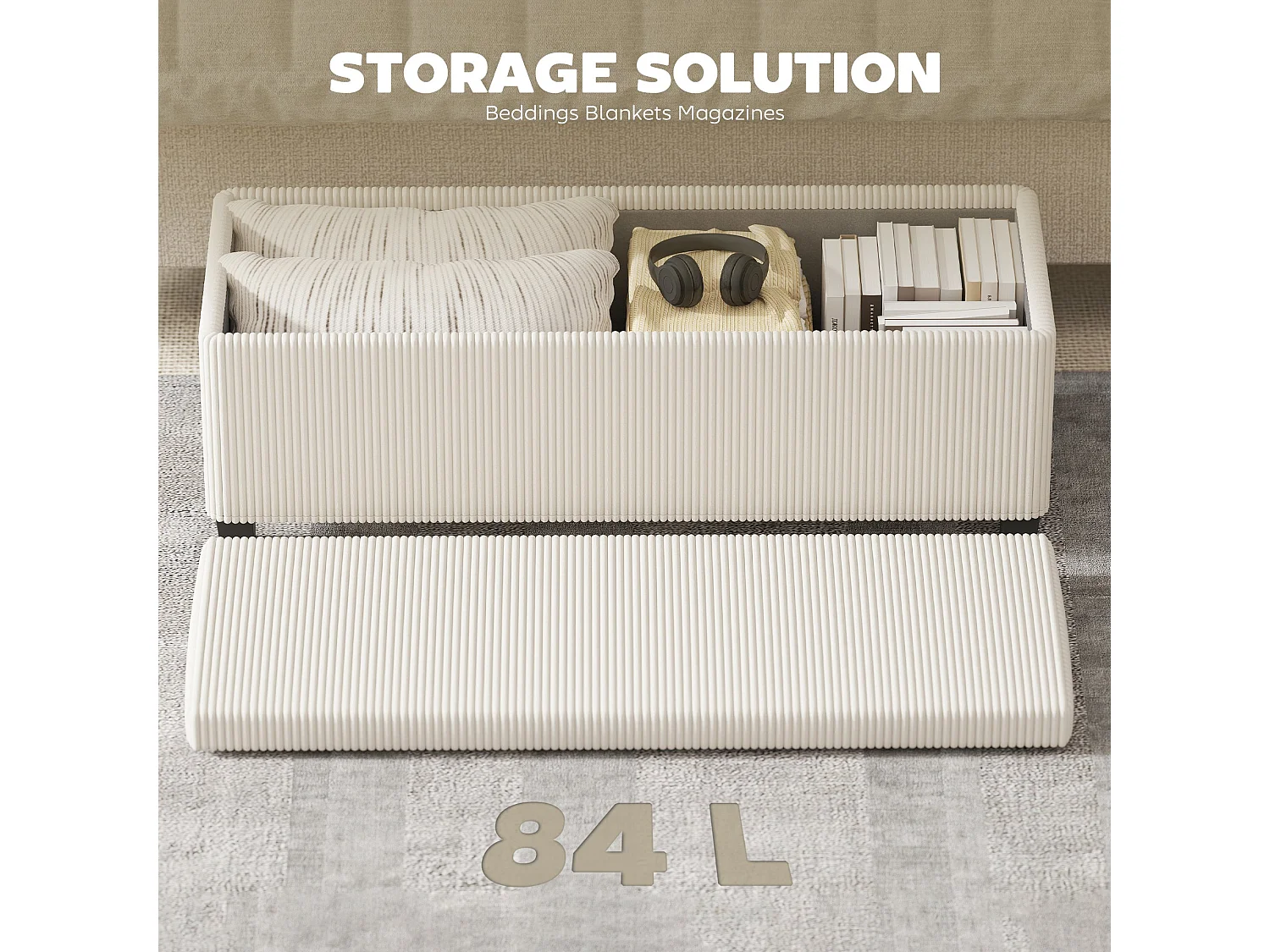 Toha Beige Corduroy Storage Ottoman Bench Removable Lid Steel Frame