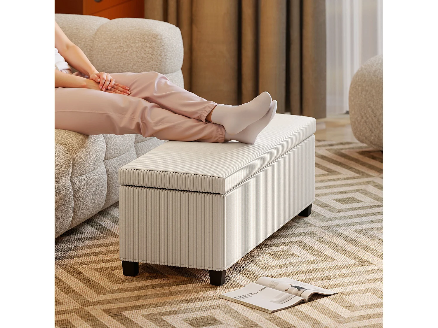 Toha Beige Corduroy Storage Ottoman Bench Removable Lid Steel Frame