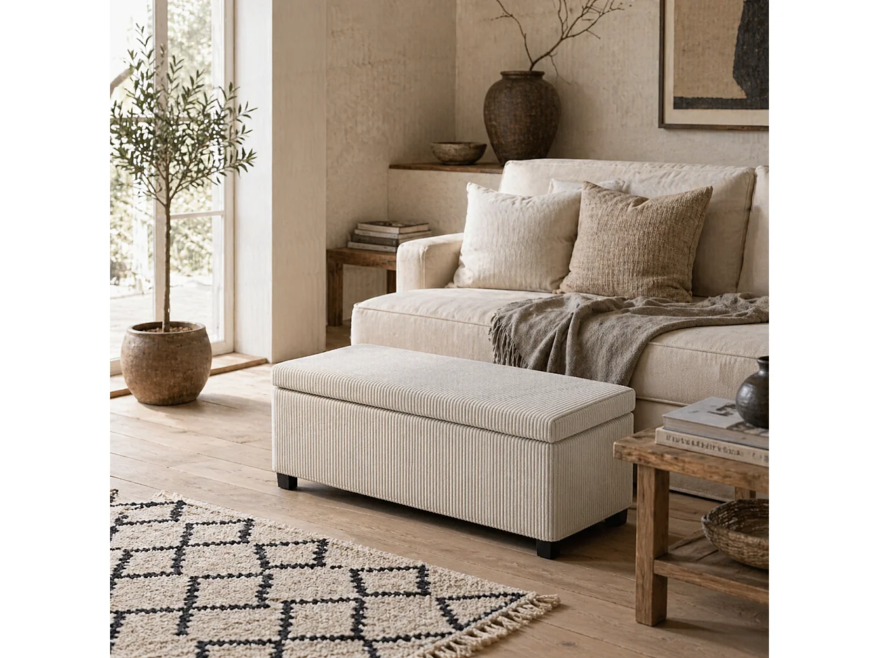 Toha Beige Corduroy Storage Ottoman Bench Removable Lid Steel Frame