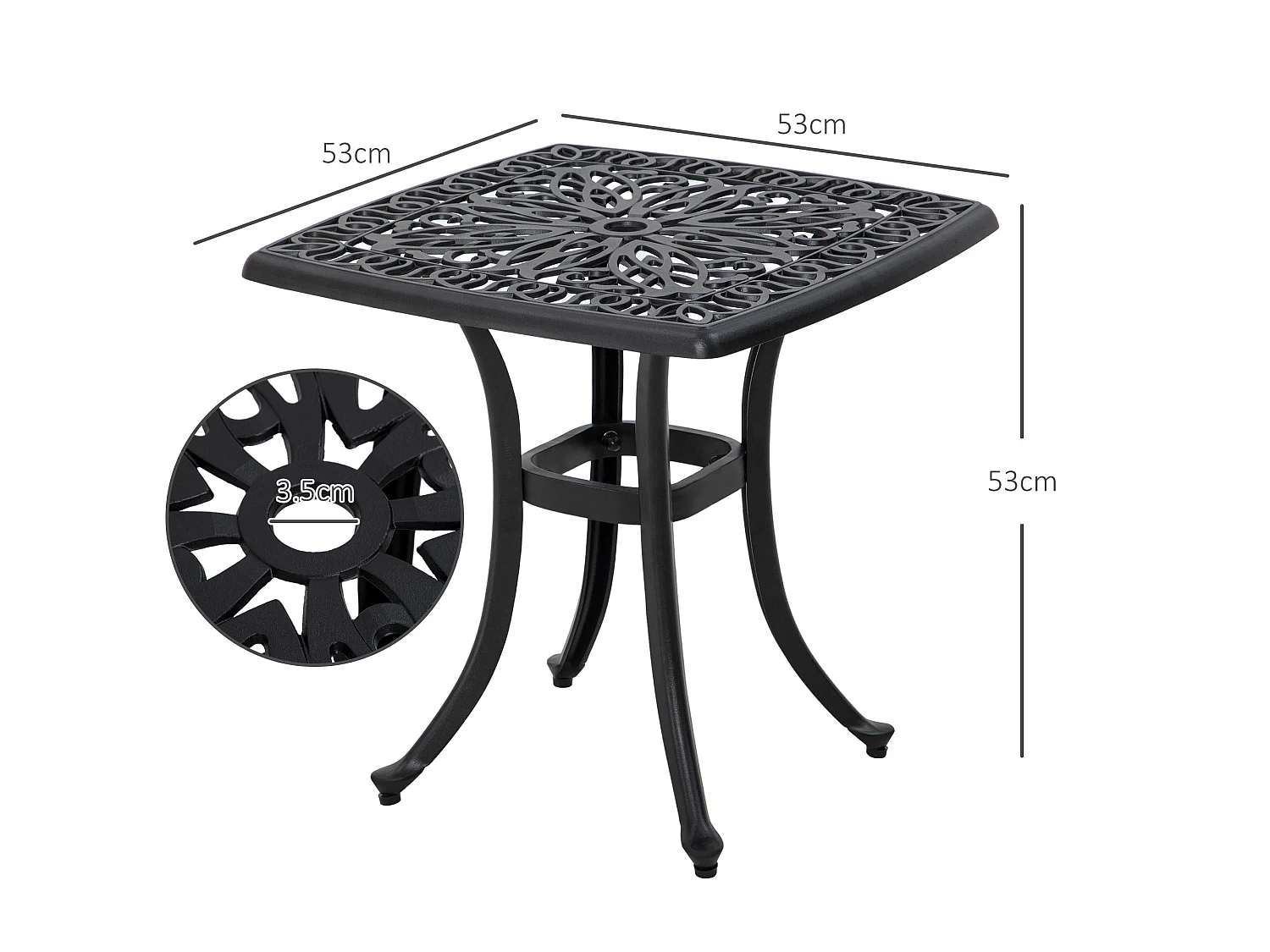 Dodo Cast Aluminium Black Square Bistro Table 53x53cm with Umbrella Hole
