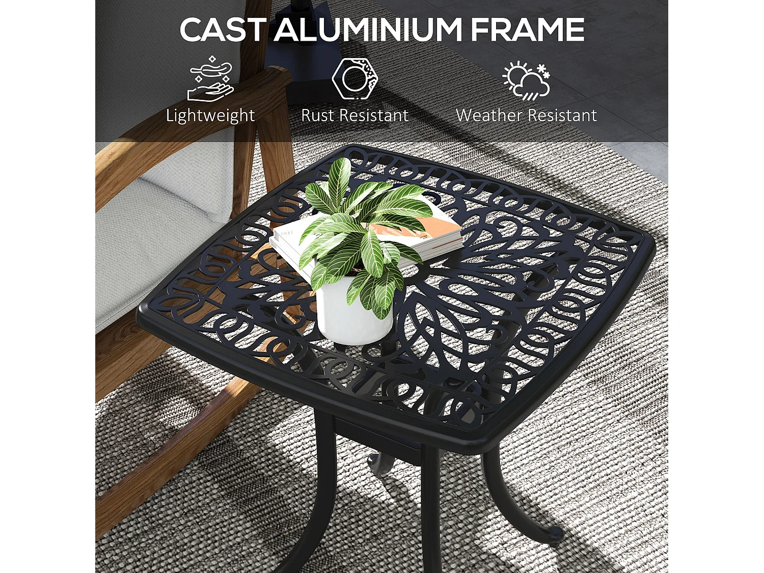 Dodo Cast Aluminium Black Square Bistro Table 53x53cm with Umbrella Hole