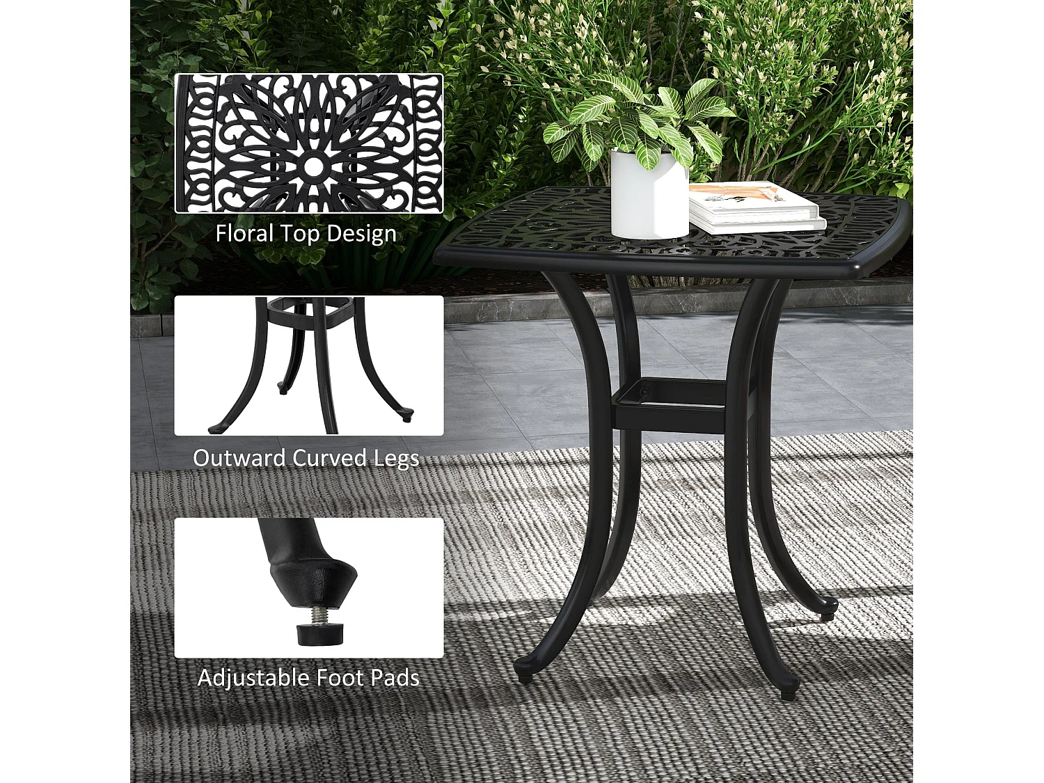 Dodo Cast Aluminium Black Square Bistro Table 53x53cm with Umbrella Hole