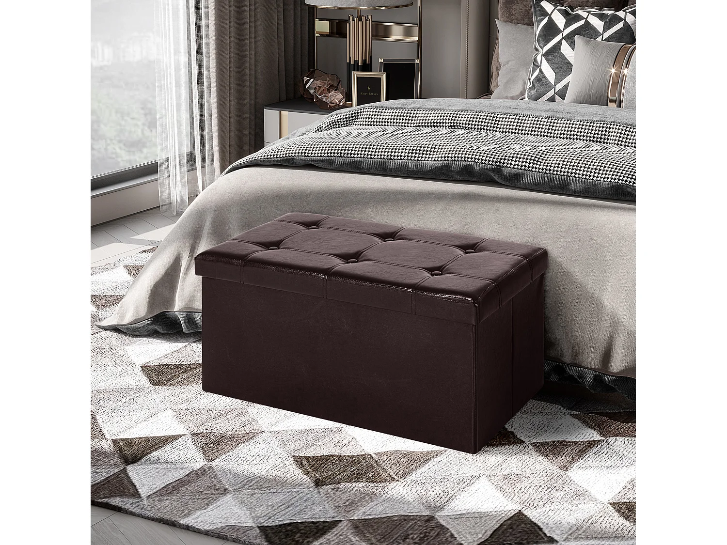 Sahapa Brown Faux Leather Folding Storage Ottoman Bench with Lift Up Lid