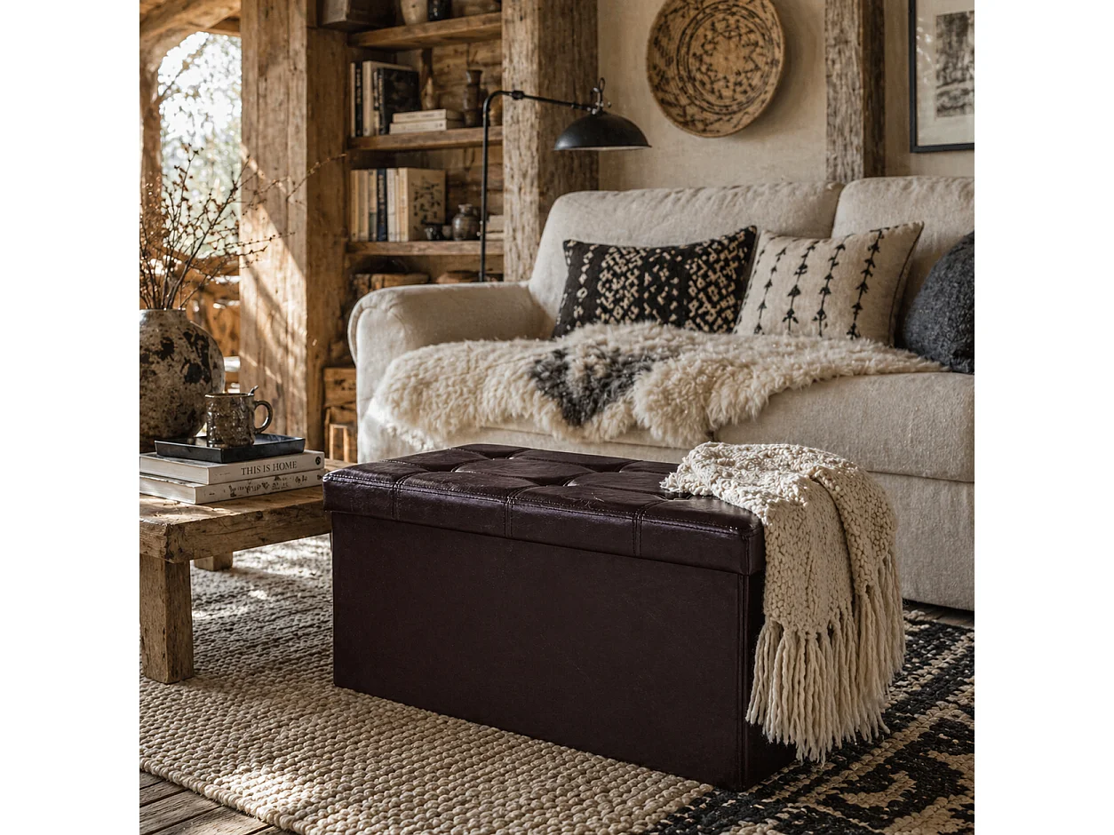 Sahapa Brown Faux Leather Folding Storage Ottoman Bench with Lift Up Lid