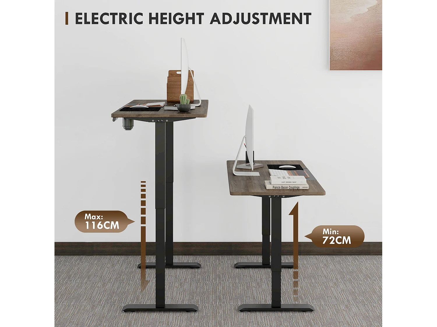 Moratti 140 x 70cm Electric Height Adjustable Desk Teak Top and Black Powder Coated Frame