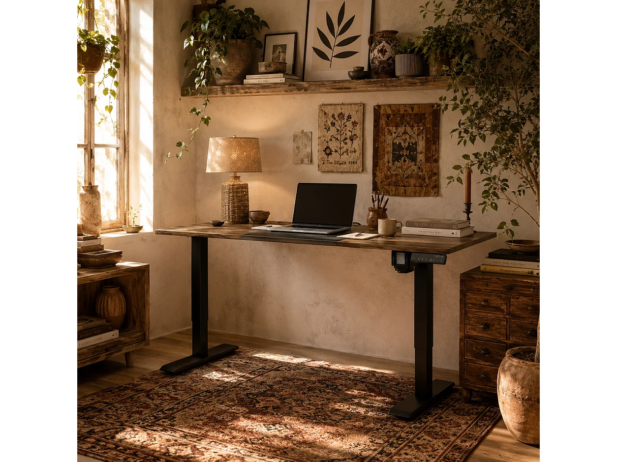 Moratti 140 x 70cm Electric Height Adjustable Desk Teak Top and Black Powder Coated Frame