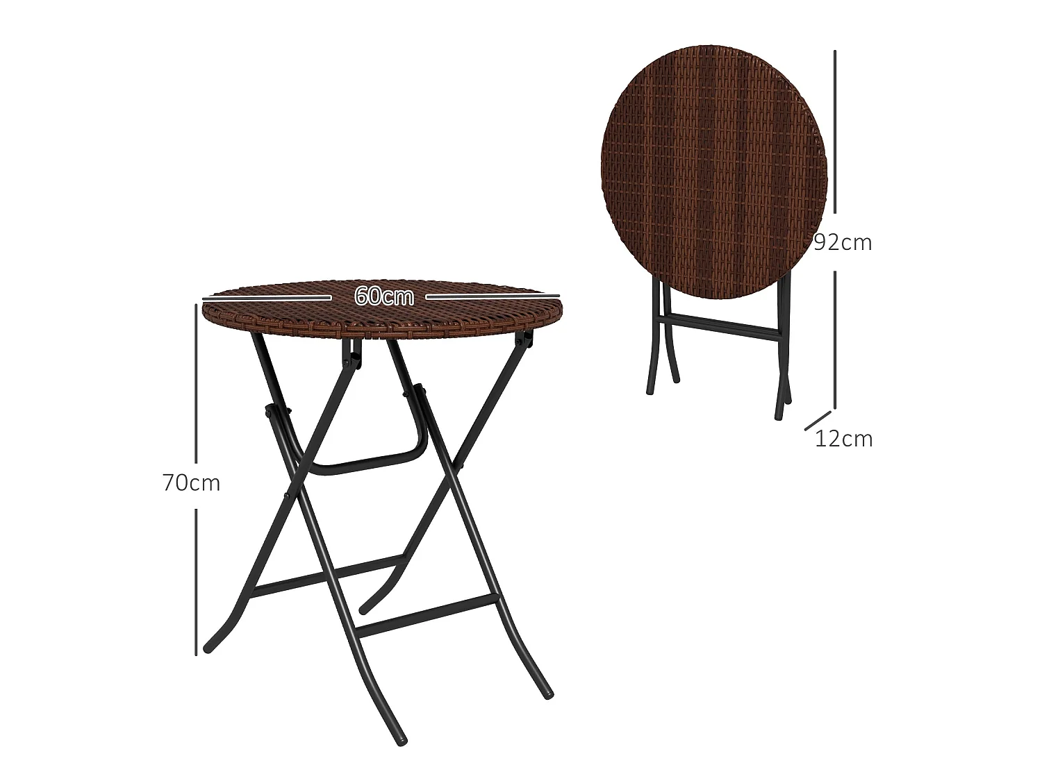 Kasado Folding Round Outdoor Bistro Table Brown PE Rattan Black Metal Frame