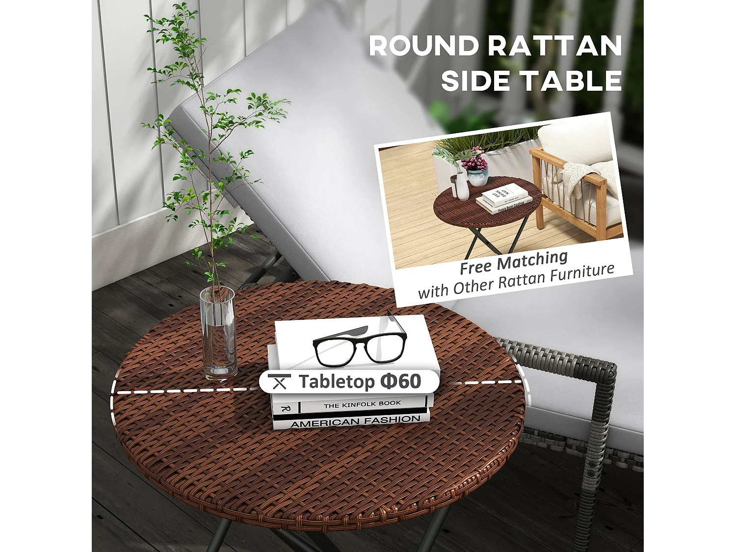 Kasado Folding Round Outdoor Bistro Table Brown PE Rattan Black Metal Frame