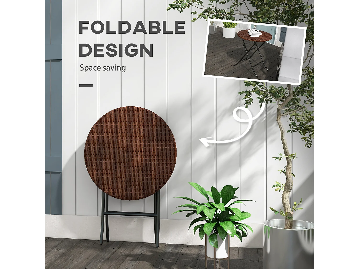 Kasado Folding Round Outdoor Bistro Table Brown PE Rattan Black Metal Frame