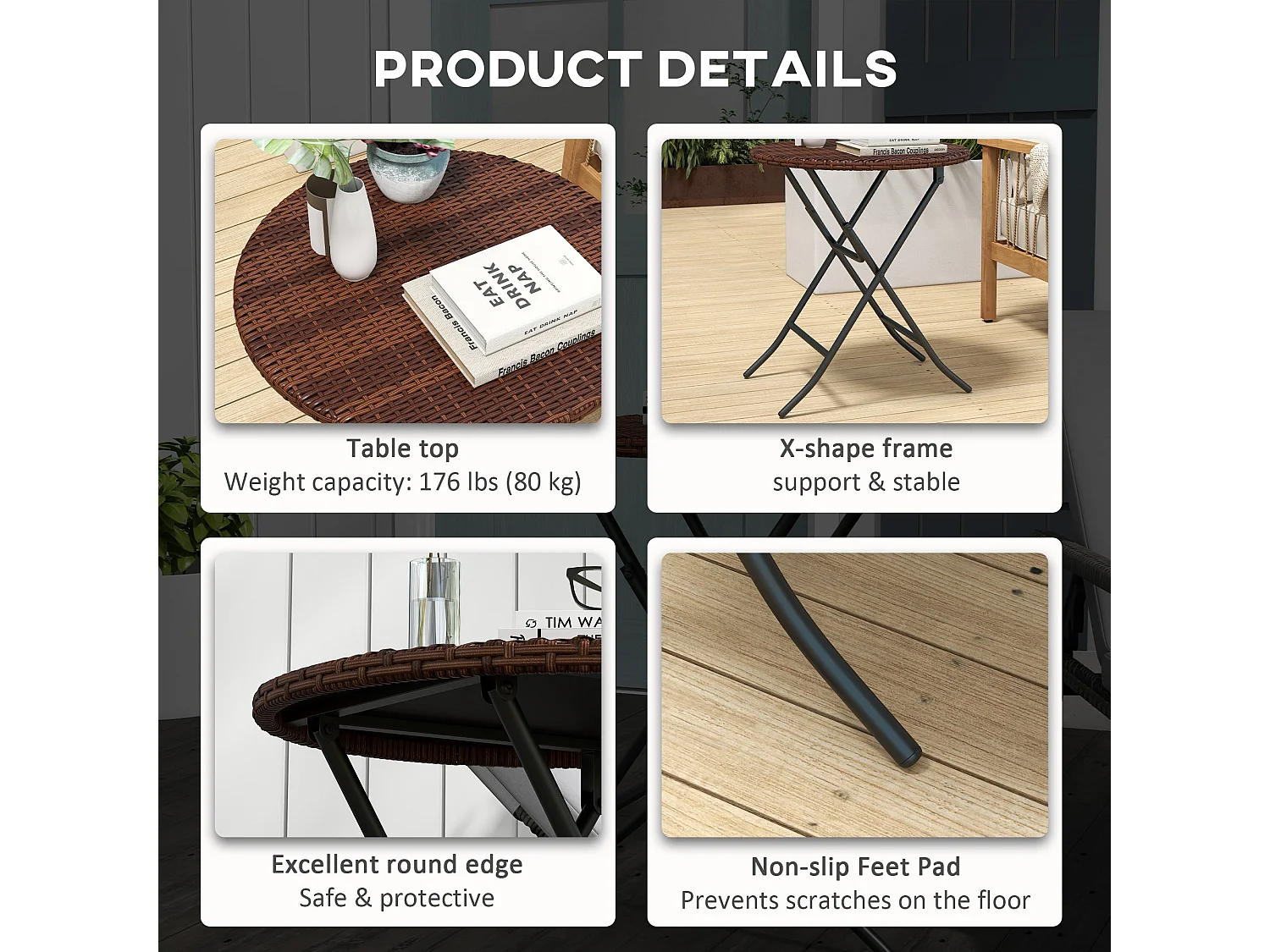 Kasado Folding Round Outdoor Bistro Table Brown PE Rattan Black Metal Frame
