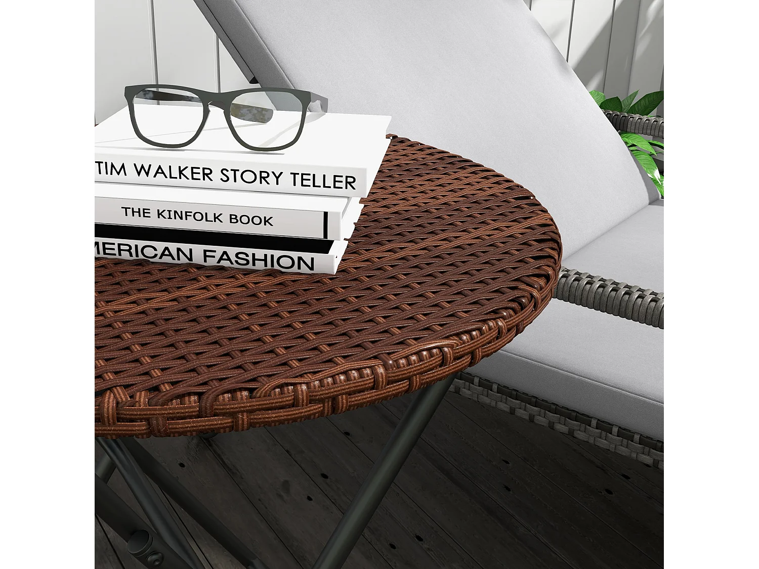 Kasado Folding Round Outdoor Bistro Table Brown PE Rattan Black Metal Frame