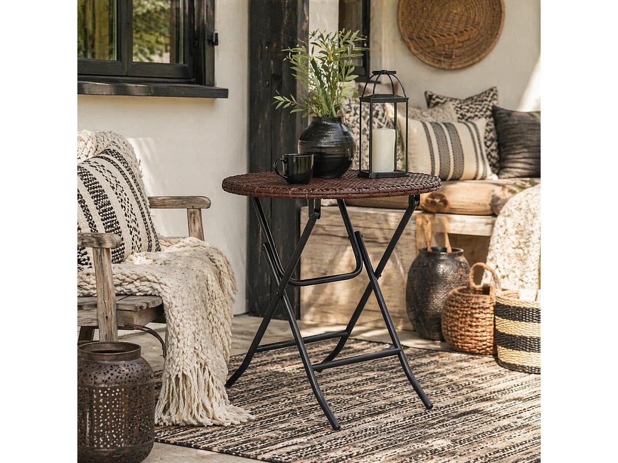 Kasado Folding Round Outdoor Bistro Table Brown PE Rattan Black Metal Frame