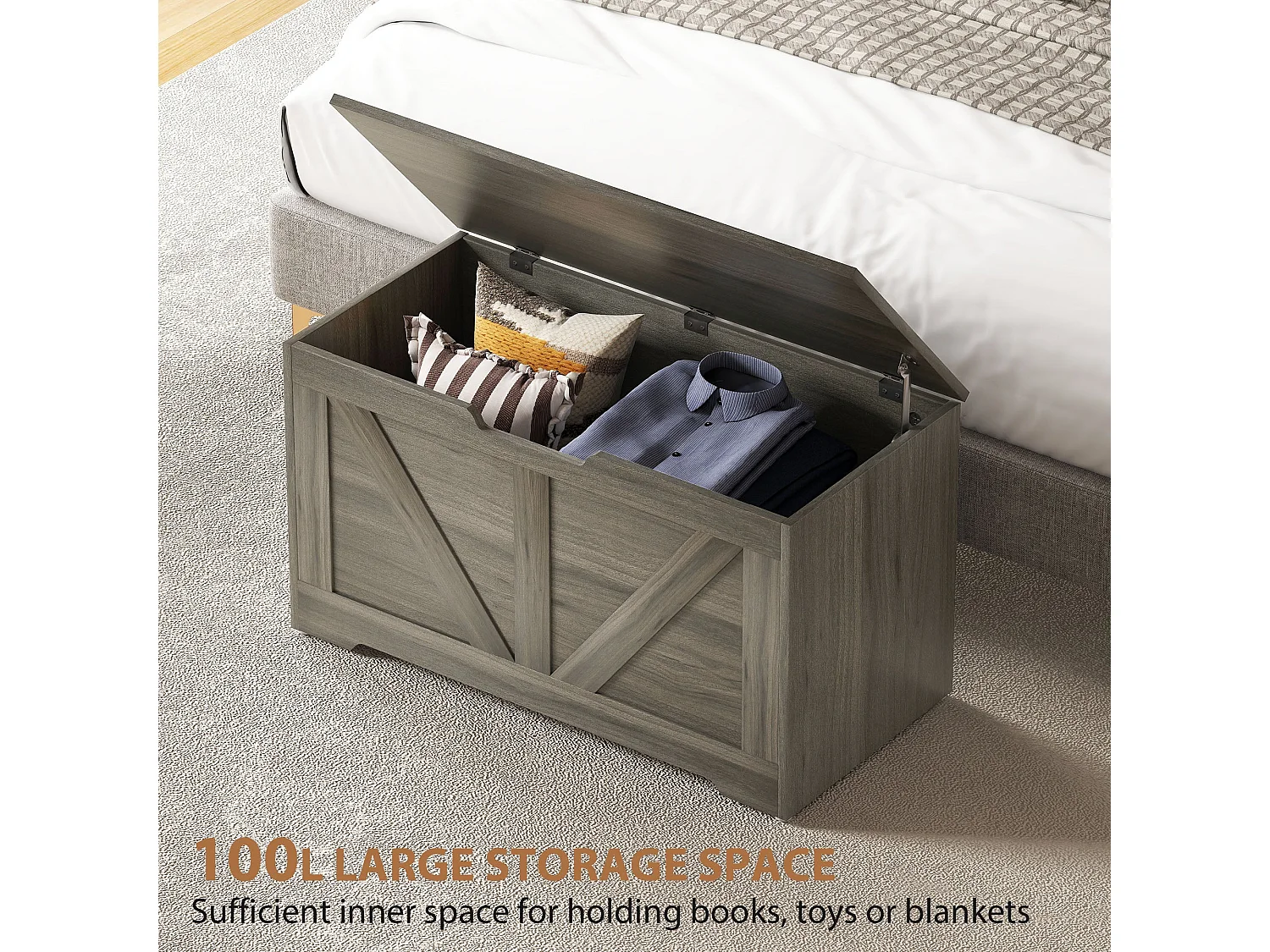 Cosoli 100L Charcoal Grey Wood Effect Storage Chest with Safety Hinges