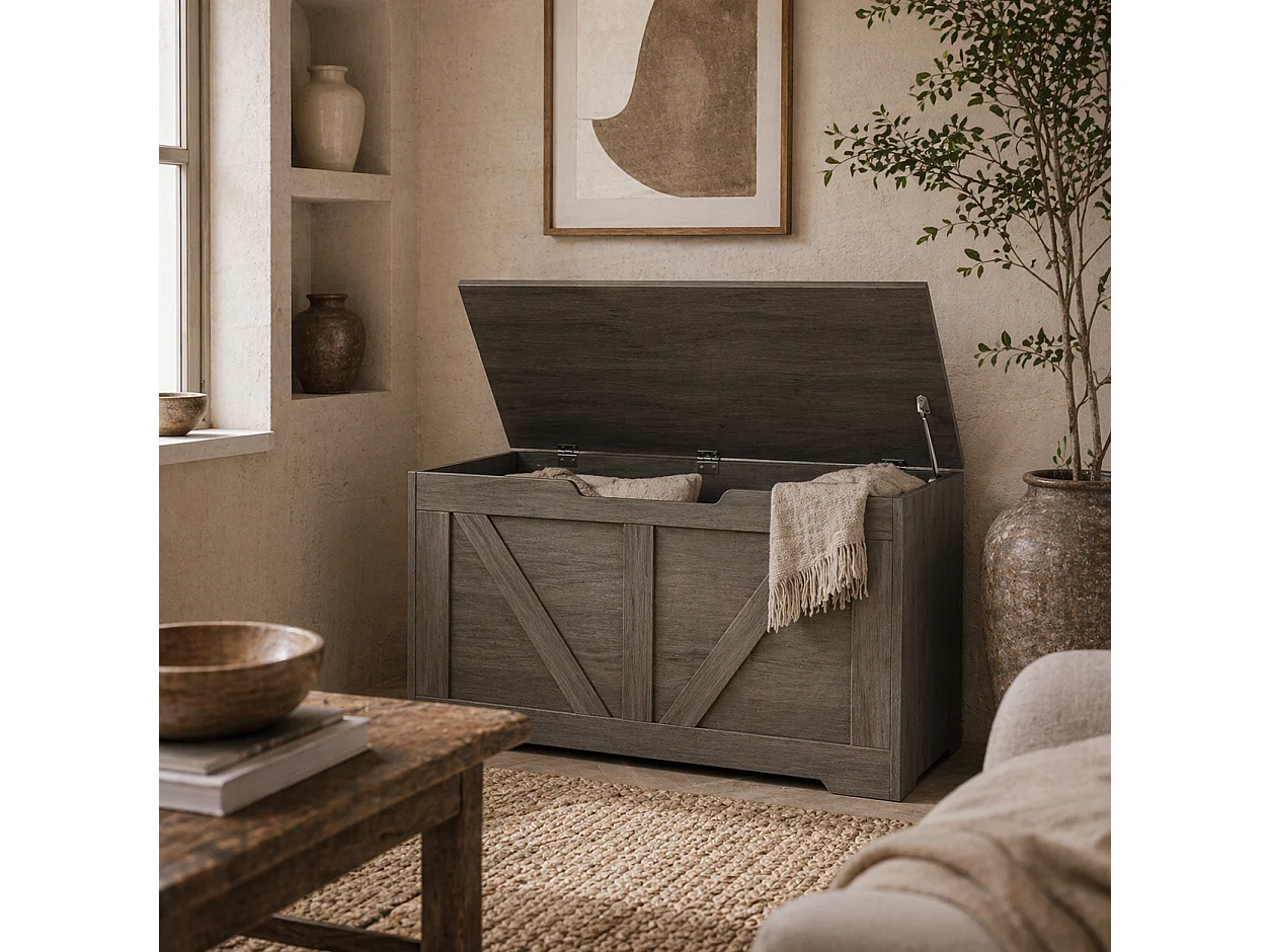 Cosoli 100L Charcoal Grey Wood Effect Storage Chest with Safety Hinges