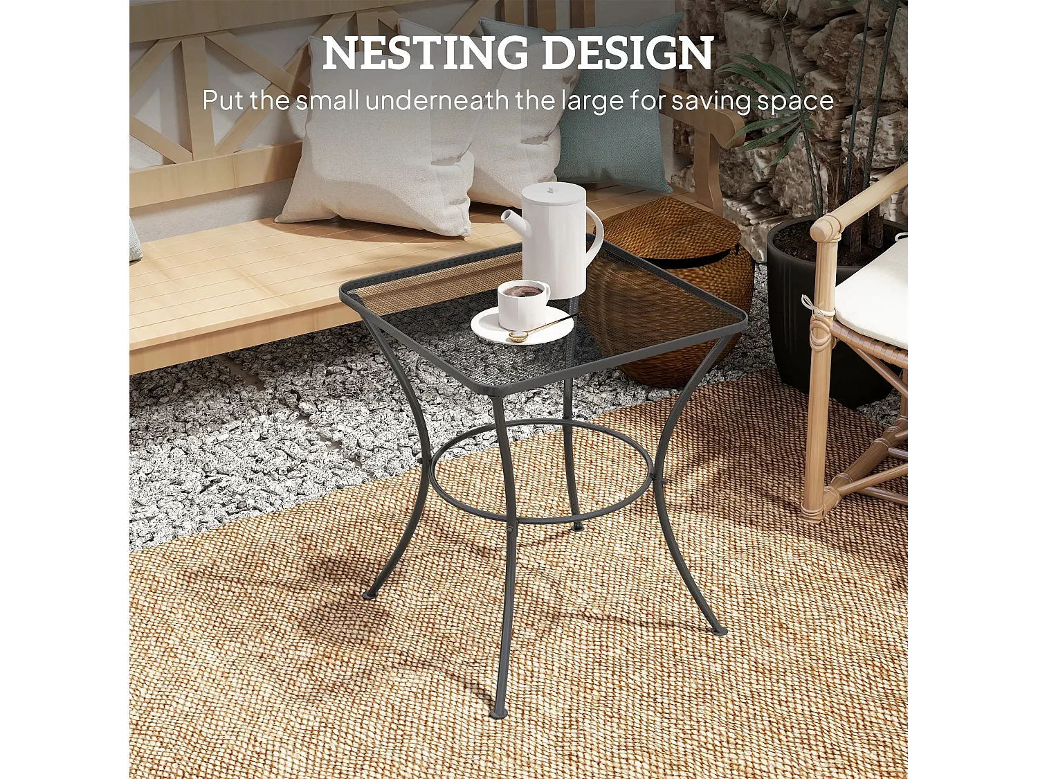 Metal Black Square Outdoor Bistro Table Mesh Top 60cm