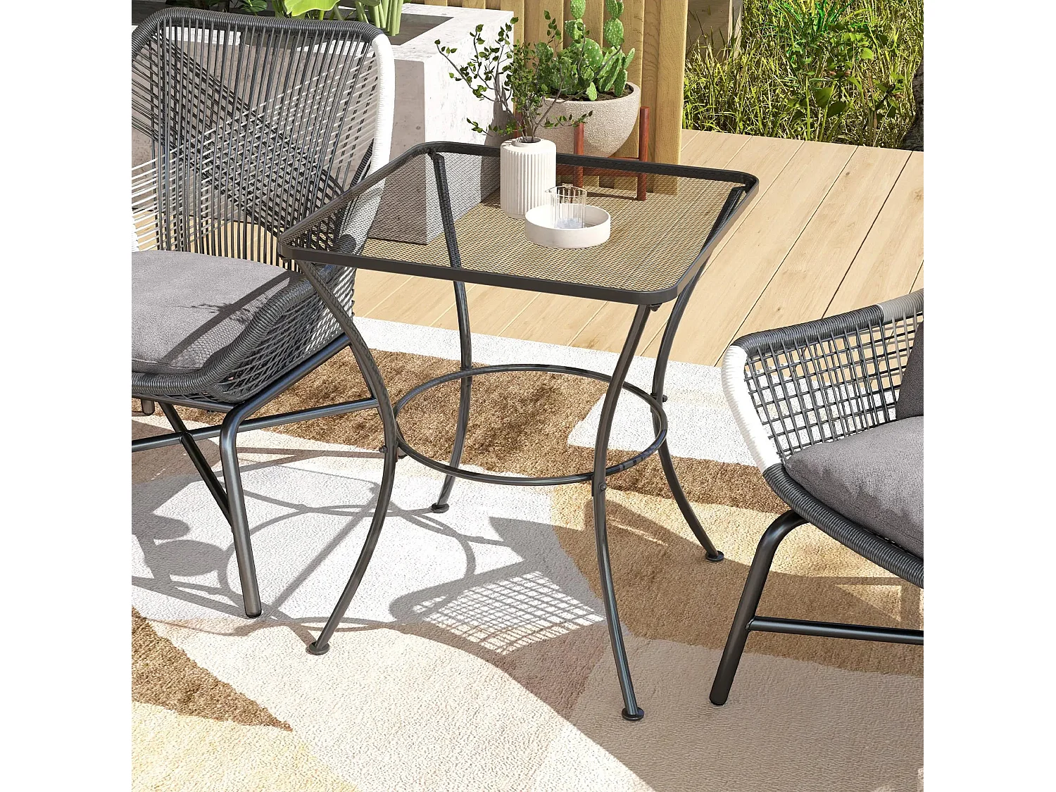 Metal Black Square Outdoor Bistro Table Mesh Top 60cm