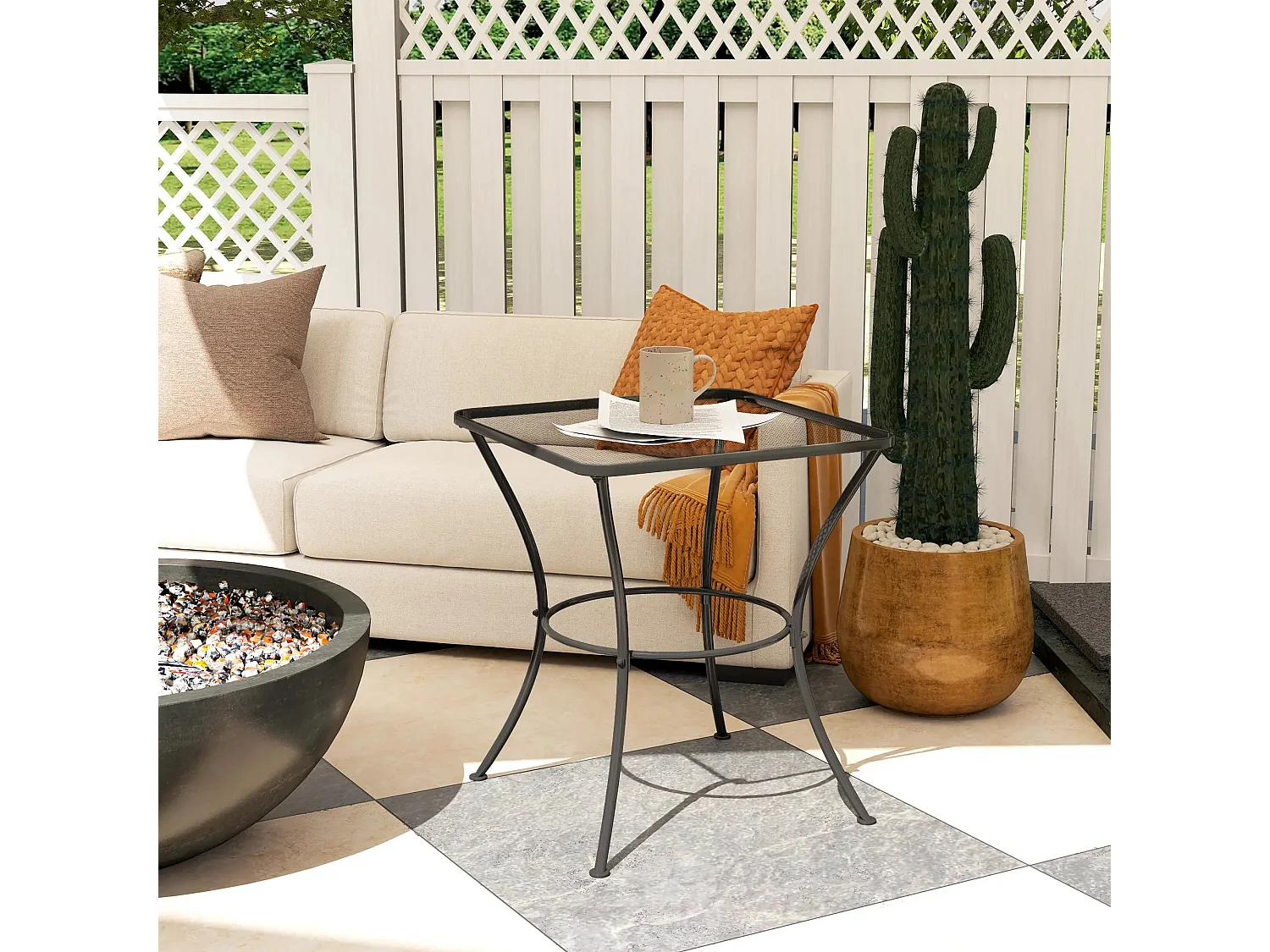 Metal Black Square Outdoor Bistro Table Mesh Top 60cm
