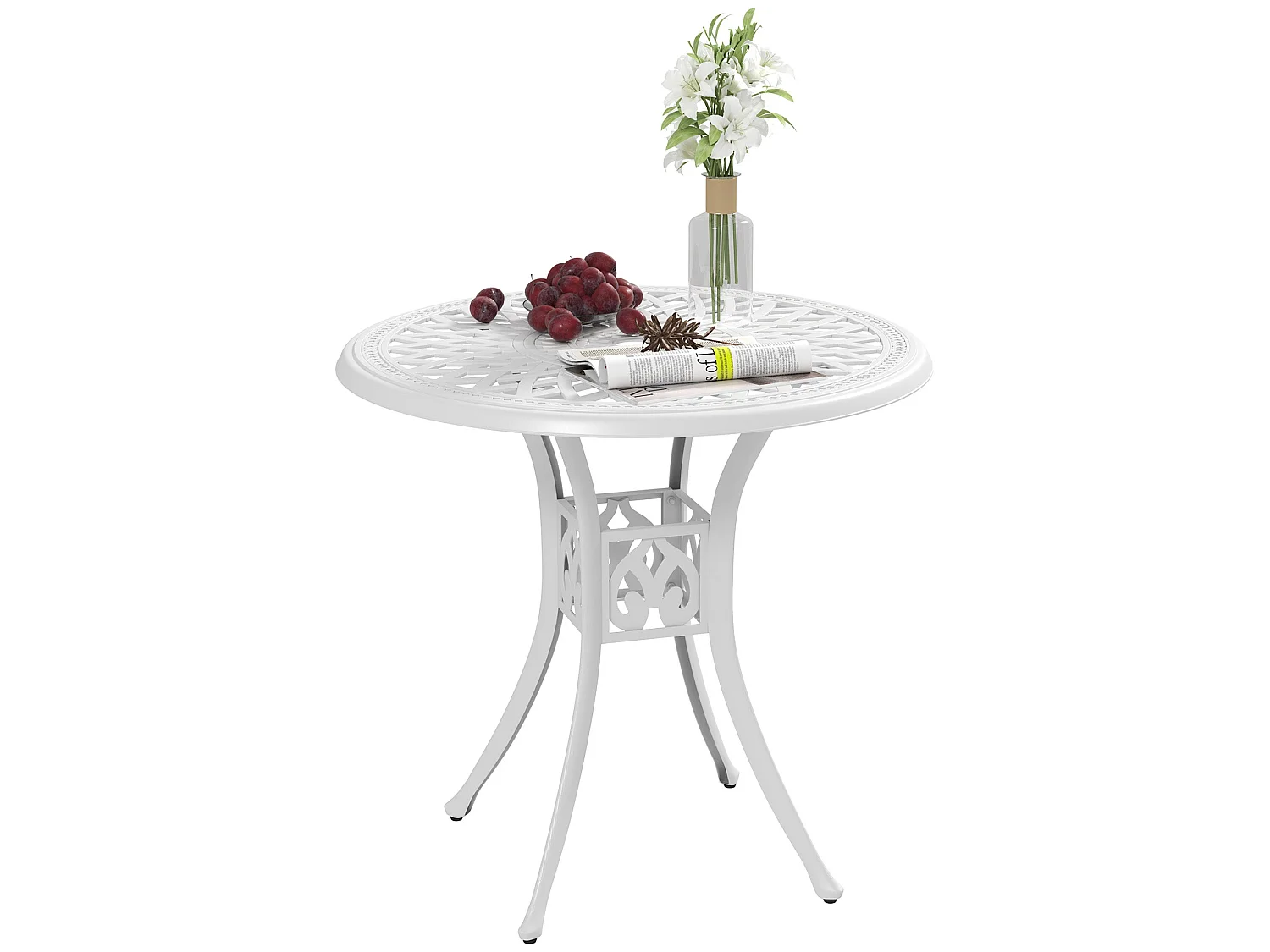 Kenofa 78cm Round Cast Aluminium Garden Dining Table White Central Parasol Hole