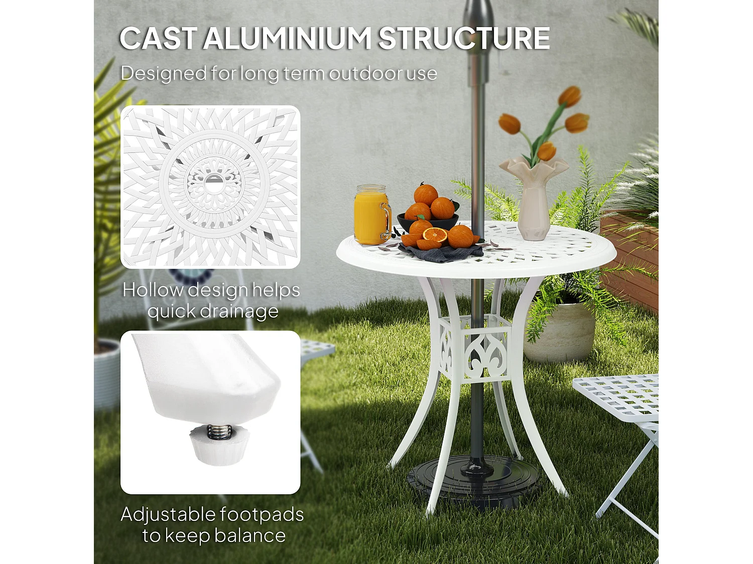 Kenofa 78cm Round Cast Aluminium Garden Dining Table White Central Parasol Hole