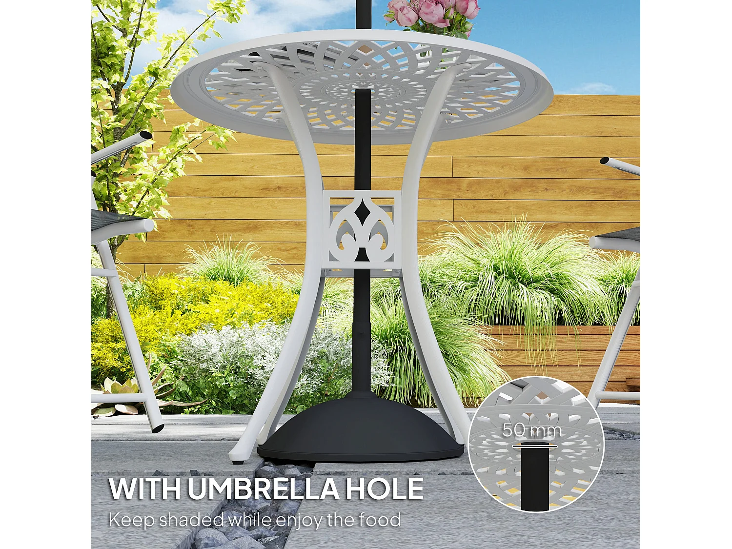 Kenofa 78cm Round Cast Aluminium Garden Dining Table White Central Parasol Hole