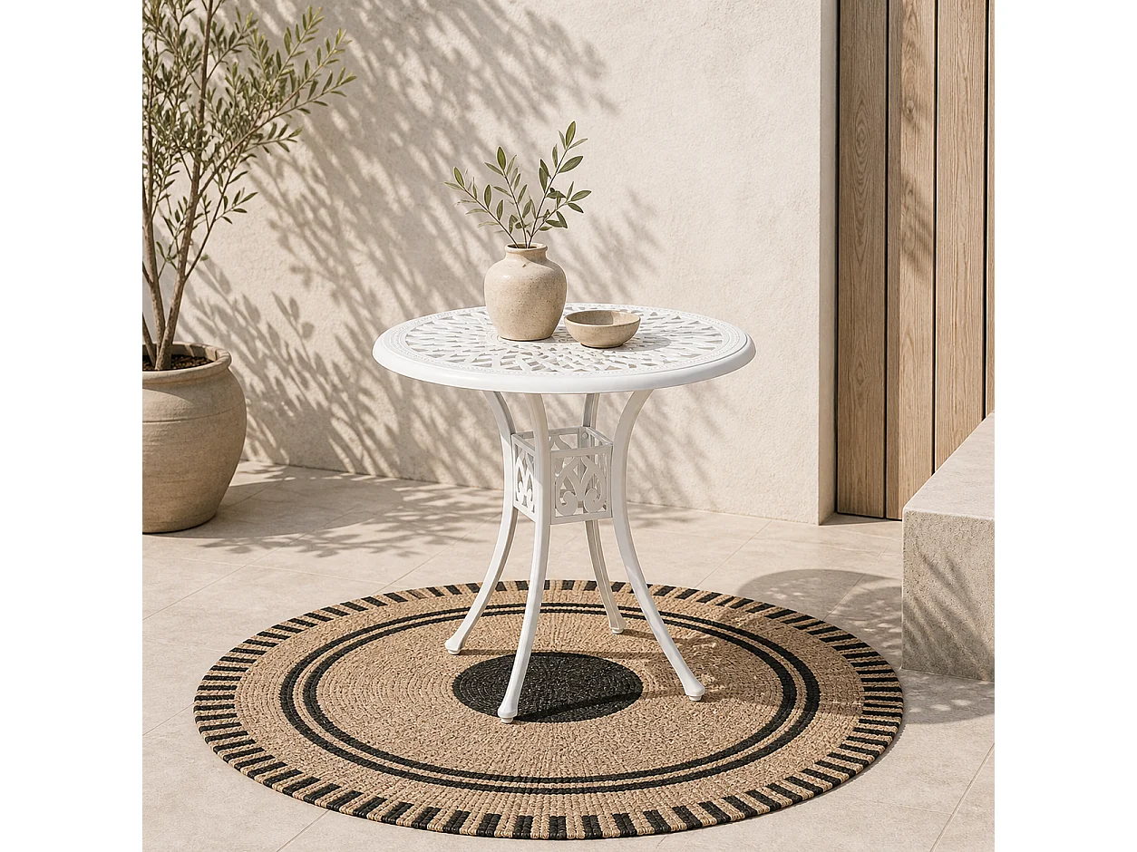 Kenofa 78cm Round Cast Aluminium Garden Dining Table White Central Parasol Hole