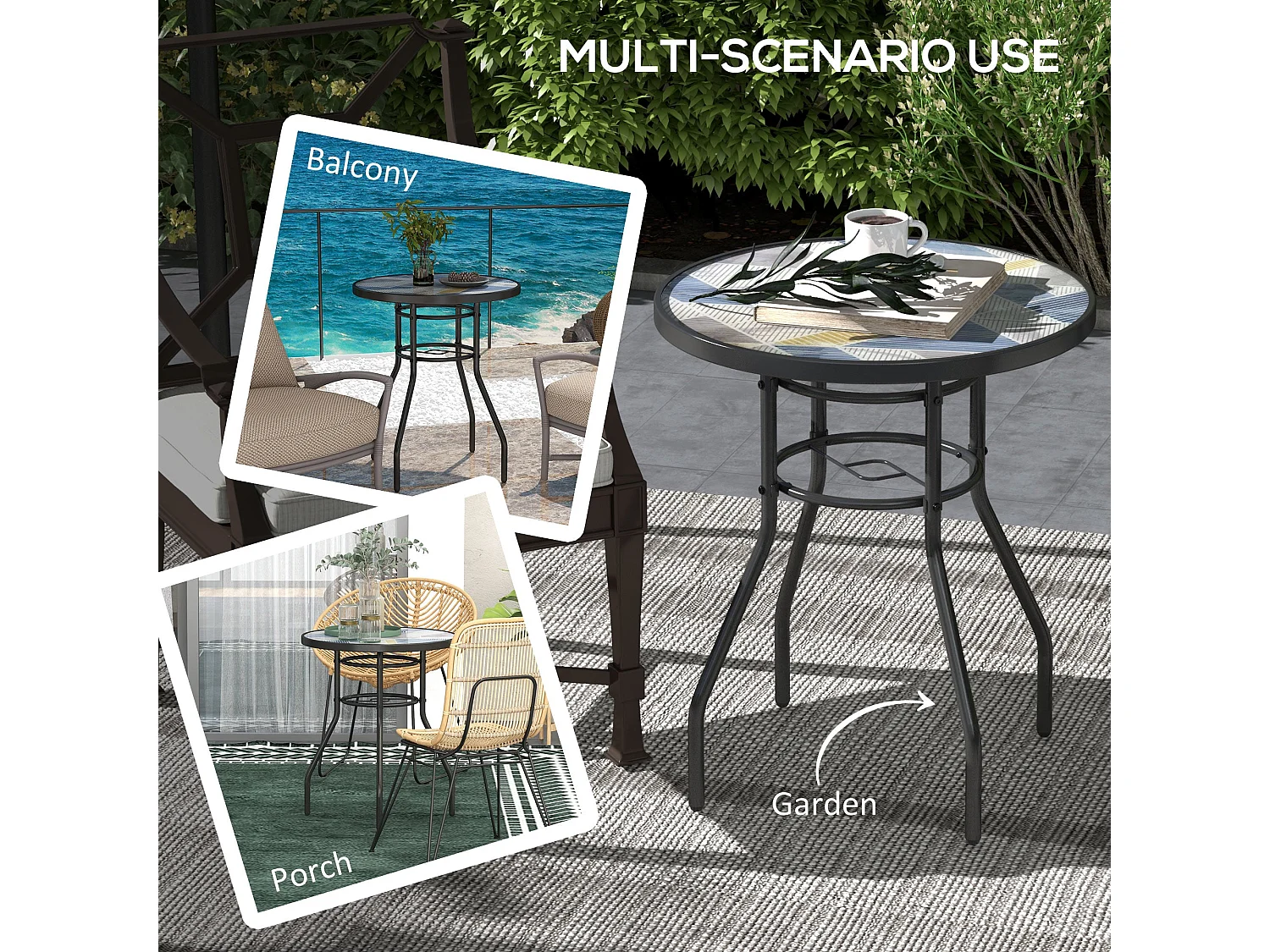 Bahavi Multicolour Tempered Glass Bistro Table 60cm