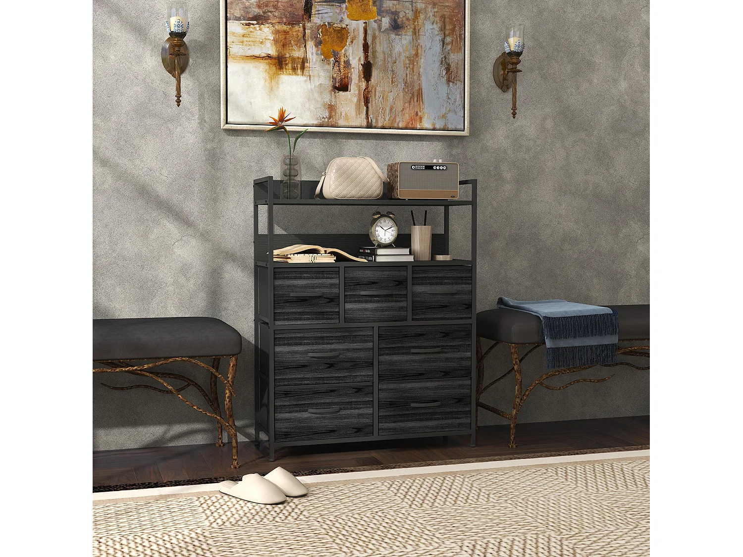 Latoli 7 Drawer Fabric and Wood Storage Chest Black Rustic Industrial