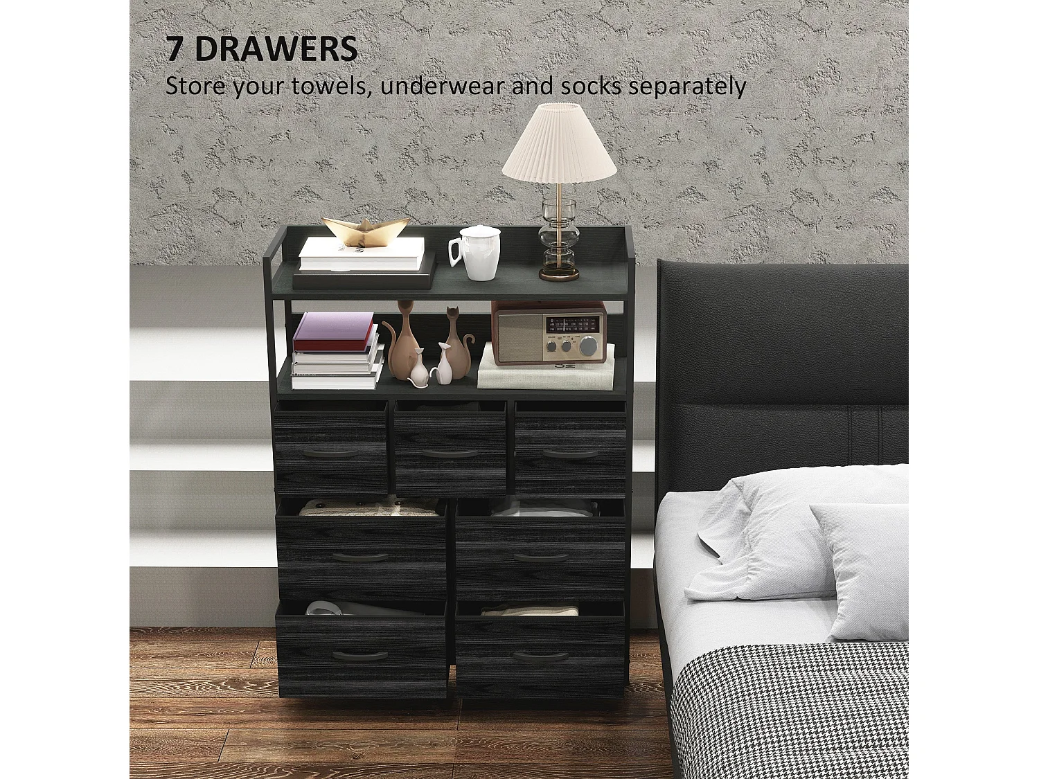 Latoli 7 Drawer Fabric and Wood Storage Chest Black Rustic Industrial