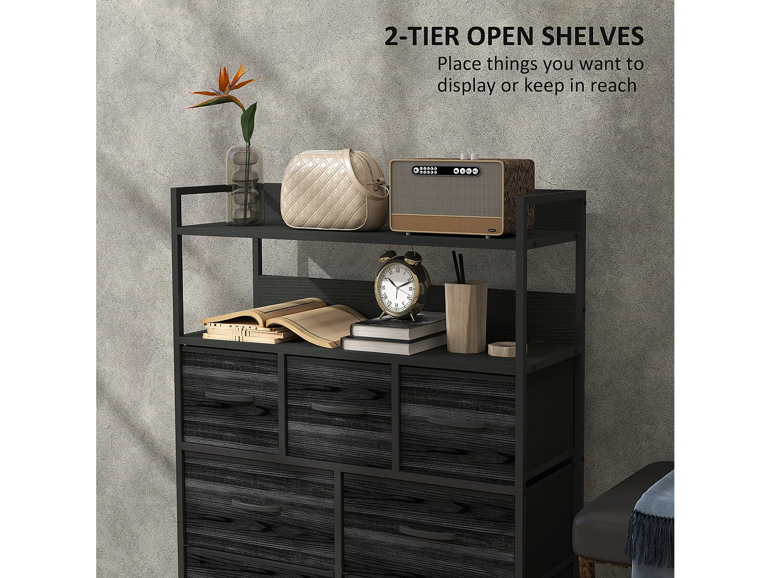 Latoli 7 Drawer Fabric and Wood Storage Chest Black Rustic Industrial