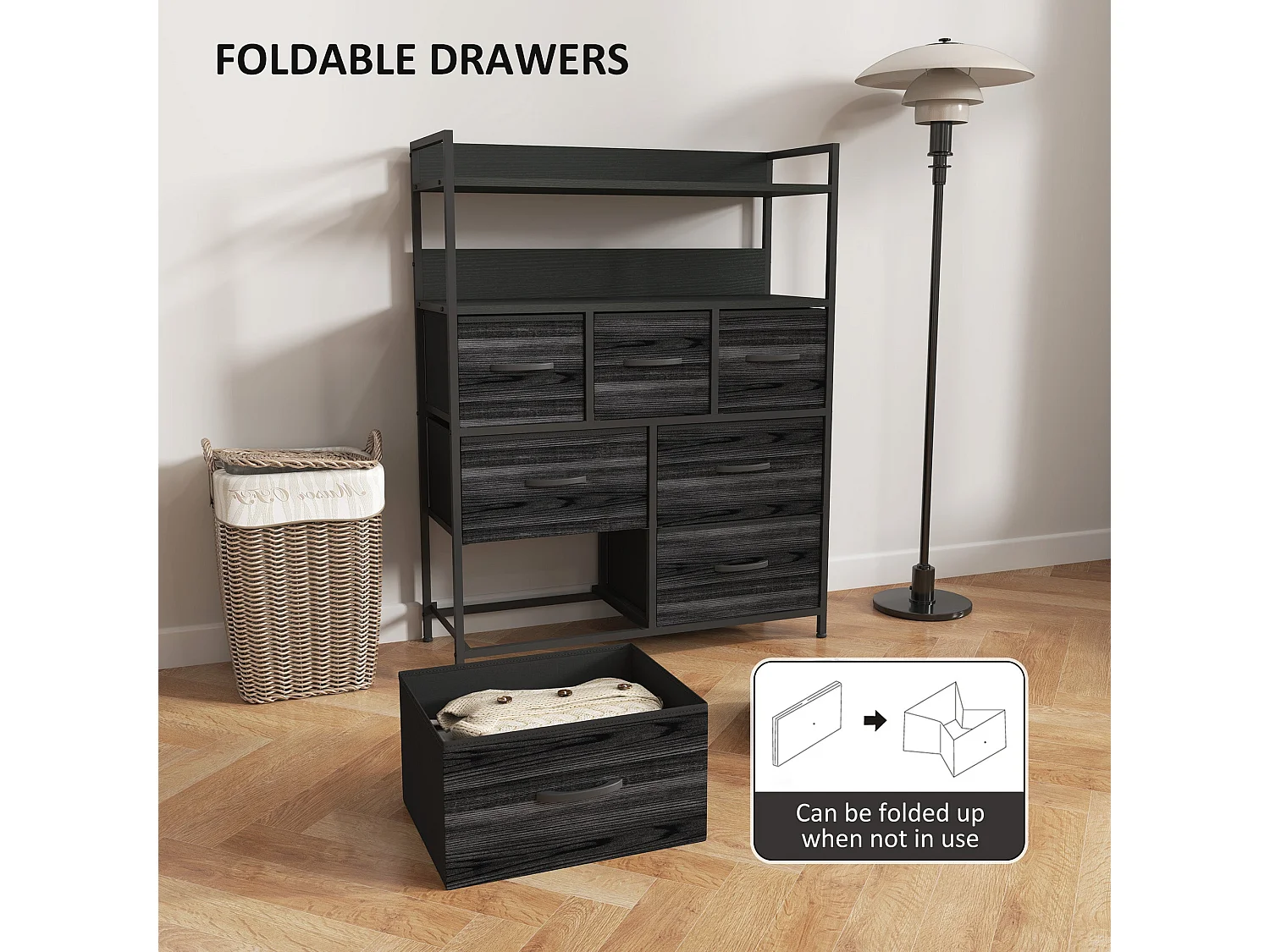 Latoli 7 Drawer Fabric and Wood Storage Chest Black Rustic Industrial