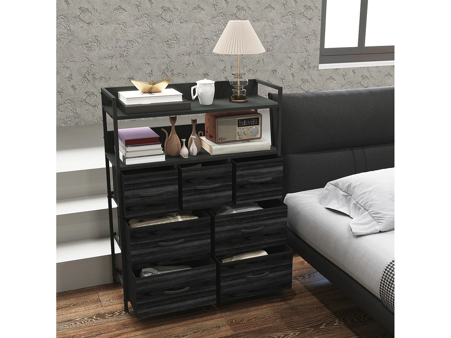 Latoli 7 Drawer Fabric and Wood Storage Chest Black Rustic Industrial