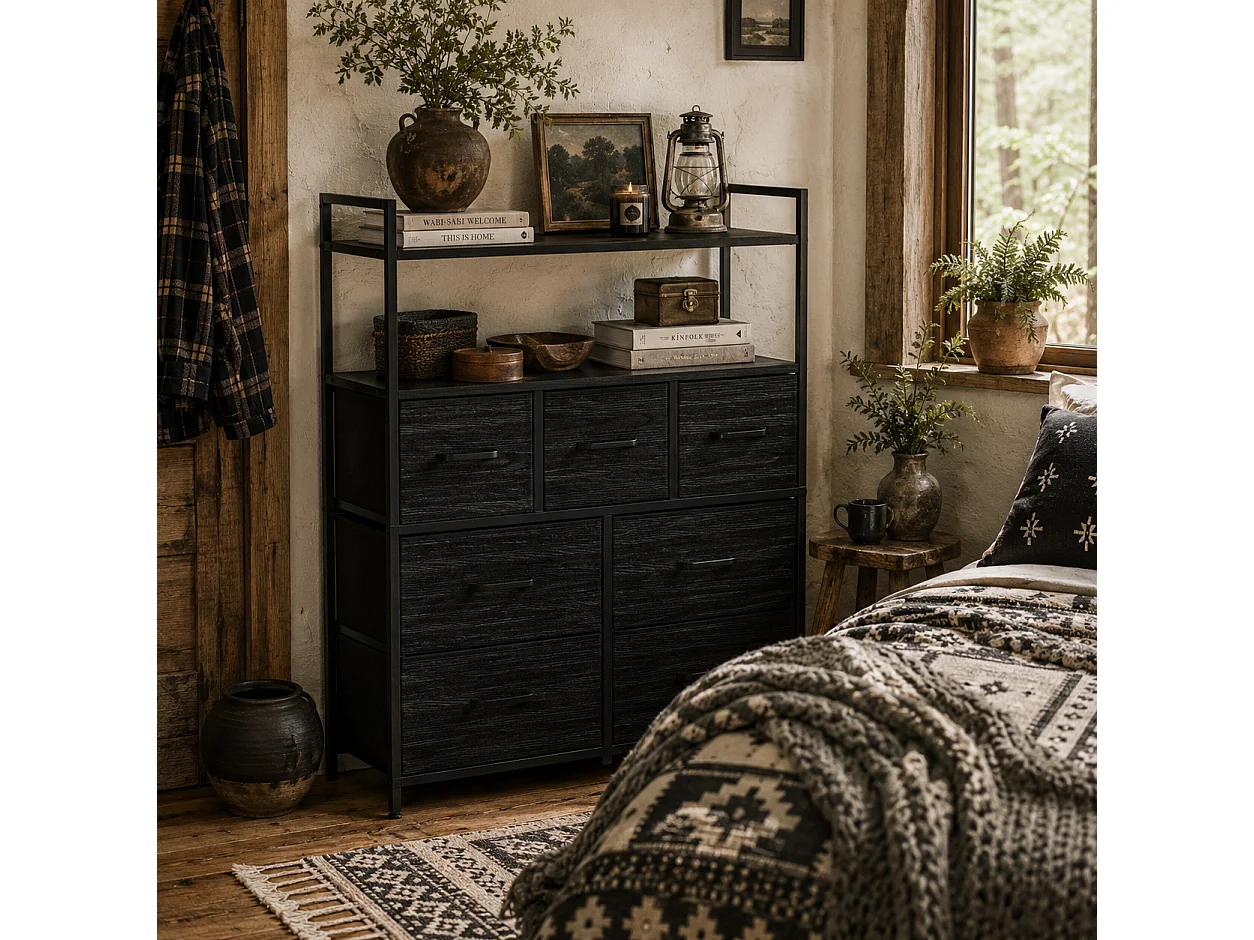 Latoli 7 Drawer Fabric and Wood Storage Chest Black Rustic Industrial