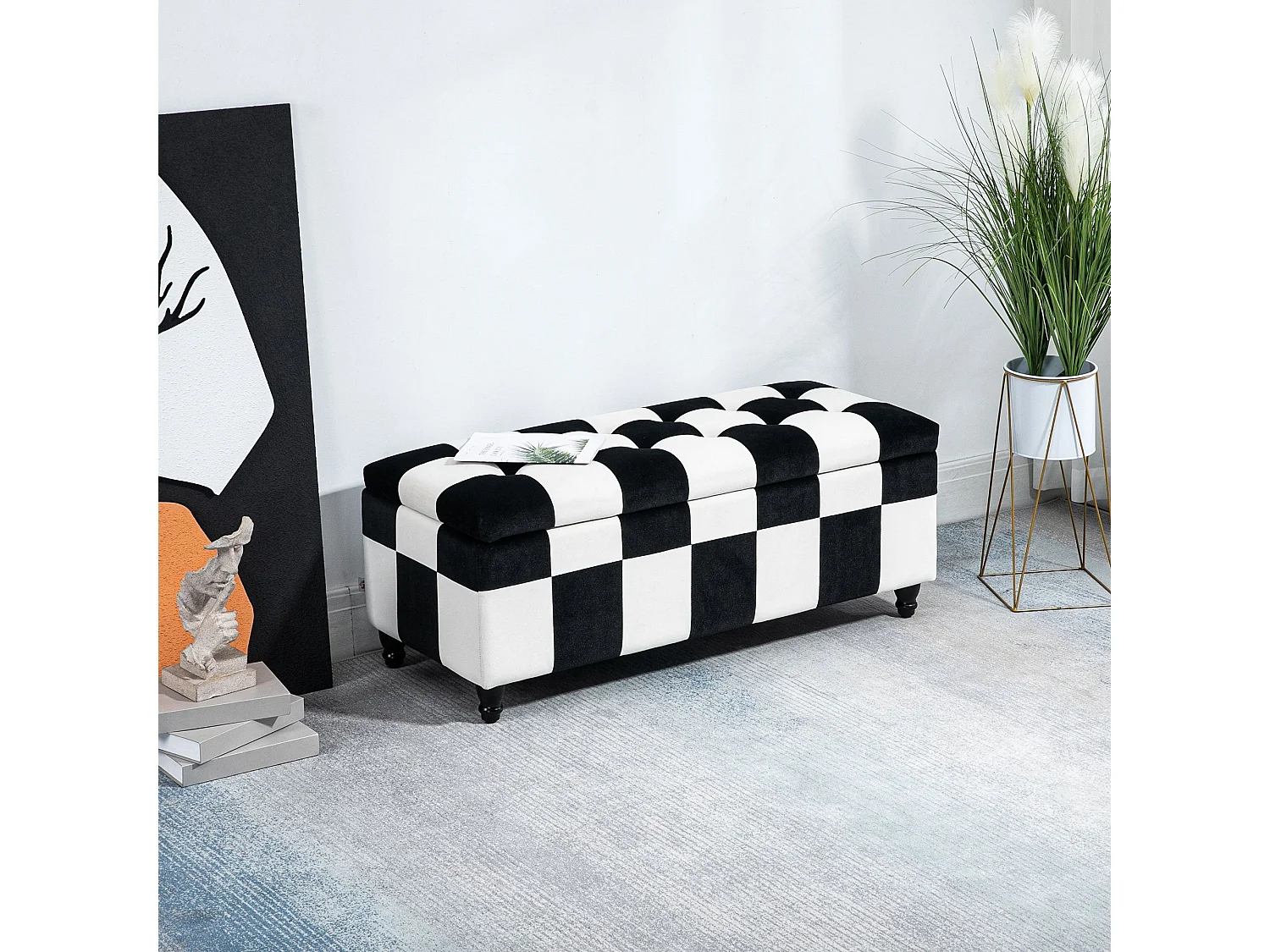 Tava Velvet Black and White Storage Bench with Wooden Legs 114cm